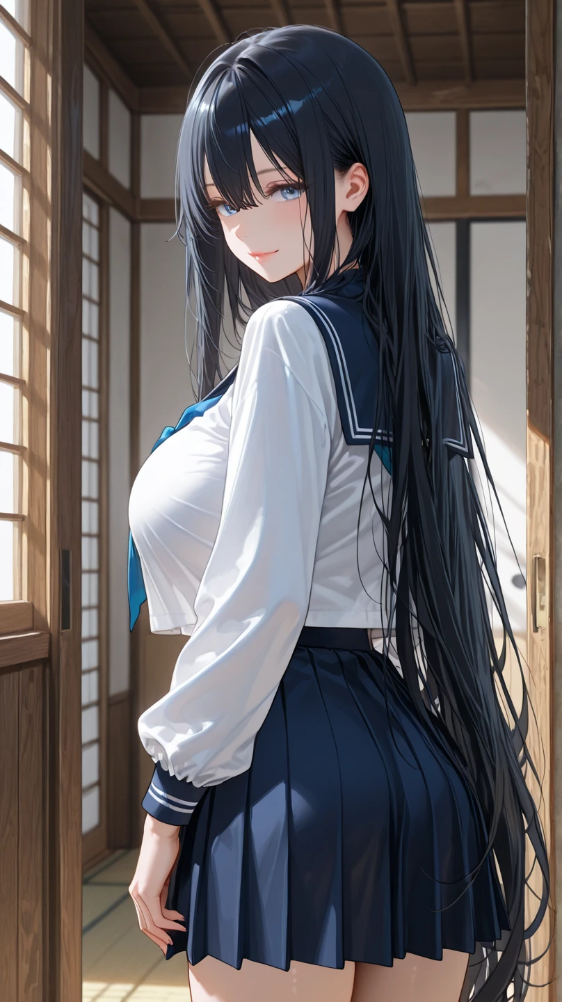 high school girl、beautiful girl、Black Hair、Big breasted body type、Big Hips、From behind、Sailor-style 、Navy blue pleated skirt、Flushed Cheeks、Moist eyes、Shy expression、The veranda on a rainy day、Erotic atmosphere、Immoral scene、Sensual scene、Wet Hair、Wet Skin、Wet clothes、Lifting up a wet skirt