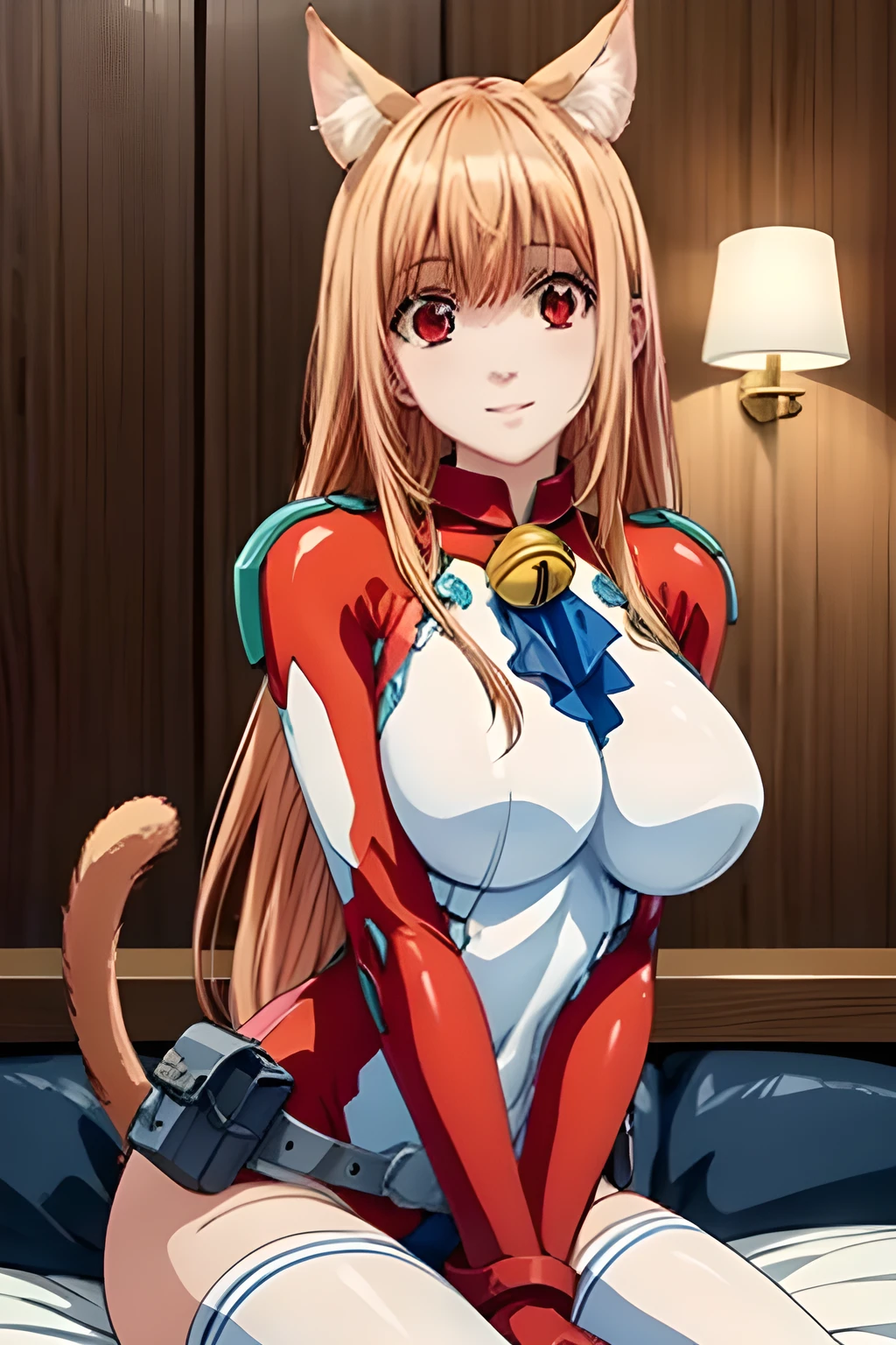 masterpiece, best quality, highres, hmeris, orange hair, red eyes, cat ears, cat tail, large breasts, red leotard, ascot, jingle bell, long sleeves, white thighhighs, loose belt, pouch, red gloves, <lora:eris_v1:0.7>, cowboy shot, standing, arms at sides, straight-on,