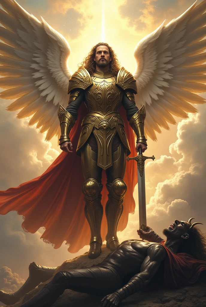 Archangel Saint Michael cutting chains with his sword and stepping on the face of the promise-breaking angel
