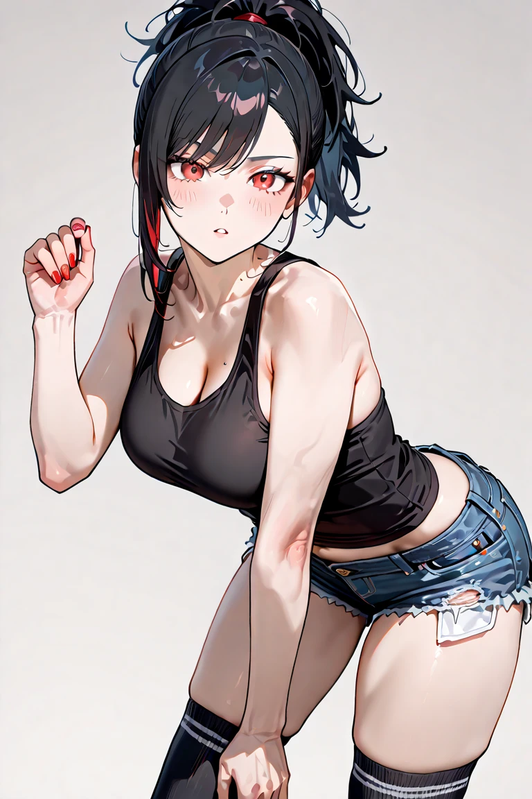 (Cowboy Shot), (Highest quality, Ultra-high resolution, Depth of written boundary:1.2), Adult, 1 Female, Toned body, Medium chest, Wide Hips, alone, Black Hair, Striped Hair, short hair, bangs, Black crop top, Bikini Underwear, (High leg bikini:1.4), Denim jeans, (graffiti:1.4), Painted clothing, Hunchback, Against the wall, View your viewers, Upturned eyes, Tilt your head, boredom, Put your hands behind your back