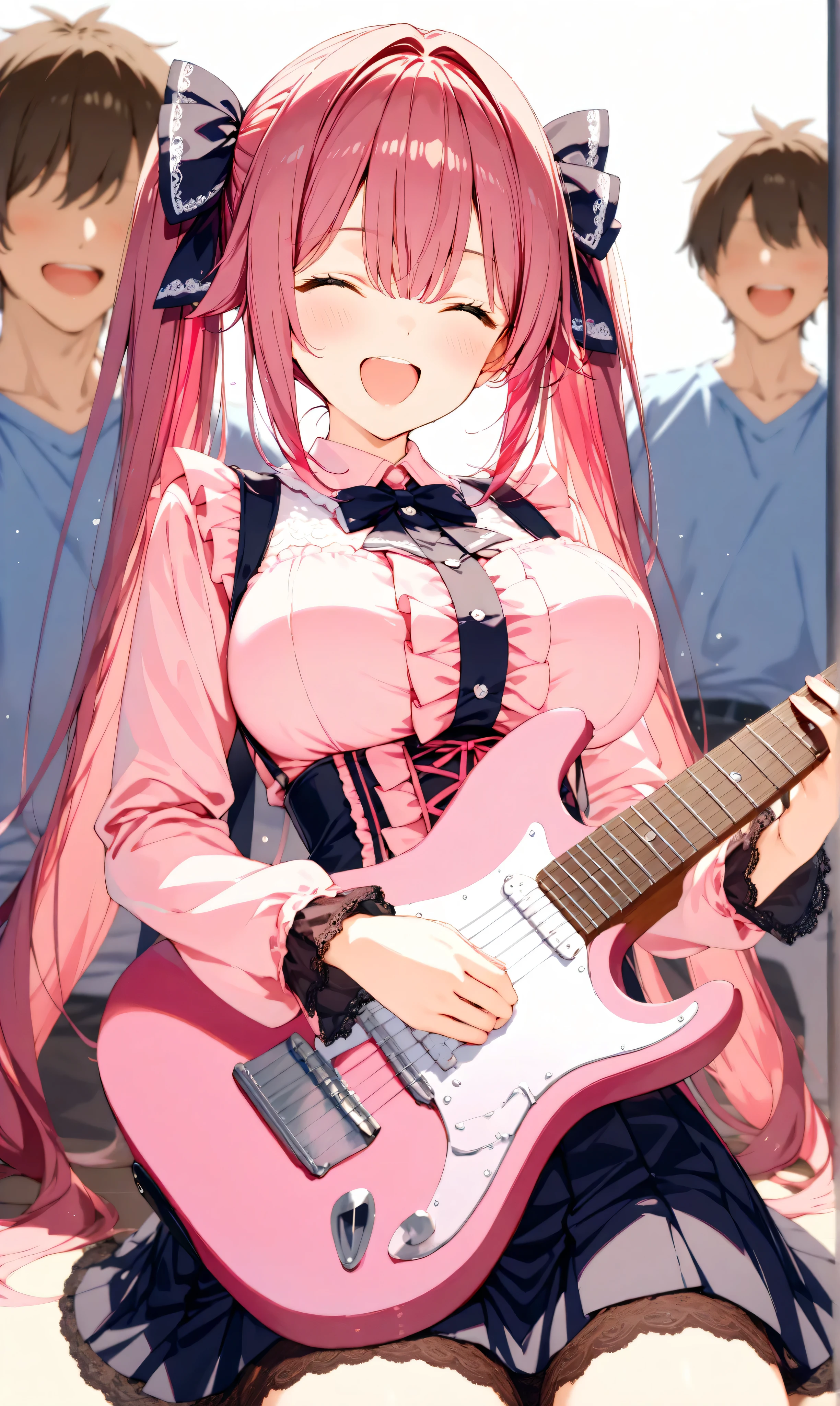 A cowboy shot captures a very beautiful 4K UHD masterpiece: a girl with long black twin-tails and pinkish highlights sits on a live concert stage, laughing with a soft smile (1.1), her pink frilled blouse with black lace trim and black pleated skirt showcasing her big breasts. She grips a guitar in a warm, embracing pose (1.4), head tilted, fingers interlocked with the air (1.1), a drink can with a ribbon accent nearby as she performs. Penlights illuminate her, a faceless boy (1.3) in the crowd appearing to hold her waist (1.4), depth of field and soft lighting (1.1) creating a friendly, cute Japanese fashion aesthetic