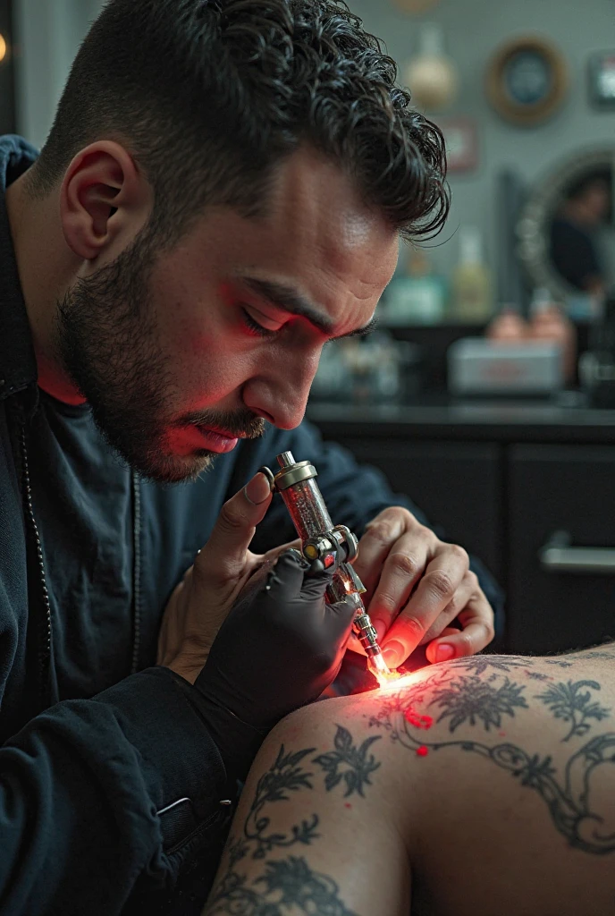 
confused man giving superman a tattoo in tattoo parlor