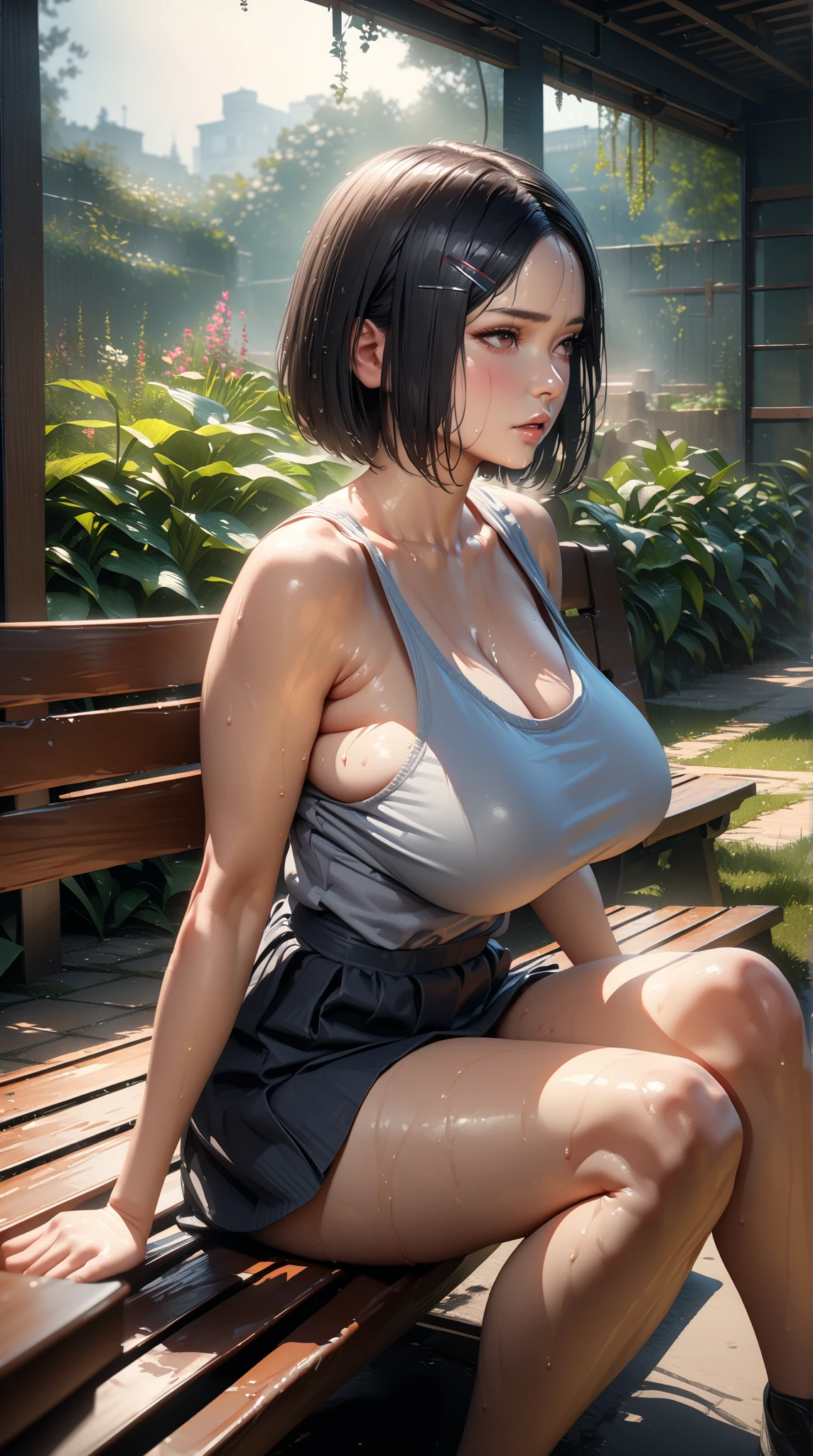 girl, sitting, side shot, (sky:1.3), (masterpiece, best quality, perspective, depth of field:1.5), flowers, rocky mountain, woods, beautiful face, thighs, from below, 8k, raw photo, absurdres, impressionism, (Tom Thomson, Claude Monet, Joaquín Sorolla, James Wilson Morrice, John Fabian Carlson, Hugh Henry Breckenridge:0.8), HDR, photorealistic, film grain, chromatic aberration, highres, ultra detailed, finely detail, dynamic lighting, dramatic lighting, shadow, sharp focus, extremely detailed eyes and face, sharp pupils, realistic pupils