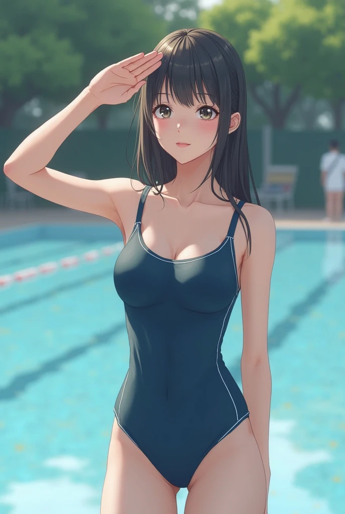 (((masterpiece))),(((High resolution))), (((perfect face)))、(((Japan beauty)))、15 years old, (((swimsuit))), ((top quality eyes)), detailed texture, ((high resolution face)), (at the swimming pool)