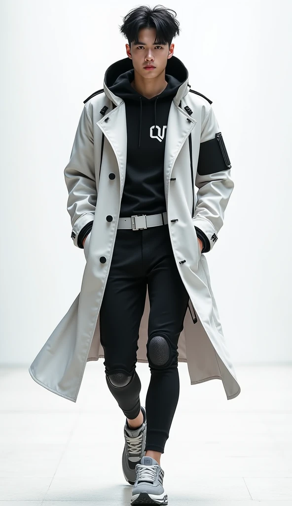 a Hyper-realistic, ultra-detailed illustration of a tall, lean Korean-inspired male model in a futuristic techwear ensemble. Full-body dynamic pose, extreme low-angle front-view (wide-angle lens, cinematic depth of field).
Character Details:
Face: Clean-shaven, sharp angular jawline, dark piercing eyes, neutral/slightly stoic expression. Short, tousled black hair with textured volume on top, stray strands falling casually over the forehead.
Outfit:
- Coat: Sleek knee-length techwear trench coat, crisp white exterior with matte finish, black interior. Open front reveals a fitted black shirt with a faint metallic-gray abstract logo peeking through.
- Coat Design: Black trim on hood, cuffs, and hem; angular black stripes along shoulders/arms; oversized black zippers on side pockets; minimalist black armband on left sleeve. Slight A-line flare at the hem.
- Belt: Slim white tactical belt visible at the waist, contrasting against the black shirt and pants.
- Pants: Skinny-fit black techwear pants with subtle hexagonal knee-panel detailing, minimal wrinkles.
- Shoes: High-tech gray sneakers with black mesh accents, white laces, and chunky white midsoles. Reflective detailing on the toe box.
Pose & Atmosphere:
- Walking mid-stride with confident, relaxed energy. One foot slightly forward, hands tucked into the trench coat pockets (hinting at motion). Slight wind tousles the coat and hair, adding dynamic flow. Head swaying to the side.
- Dramatic studio lighting: Harsh directional light from below (emphasizing low-angle), cool white tones with soft blue-gray shadows. Hyper-detailed textures (fabric folds, sneaker treads, hair strands).
- Background: Minimalist futuristic urban setting
Style Keywords:
Korean street-fashion editorial, 8K photorealism, cyberpunk minimalism, sharp lines, metallic accents, high contrast, fashion photography (akin to Vogue Korea or Balmain campaigns).