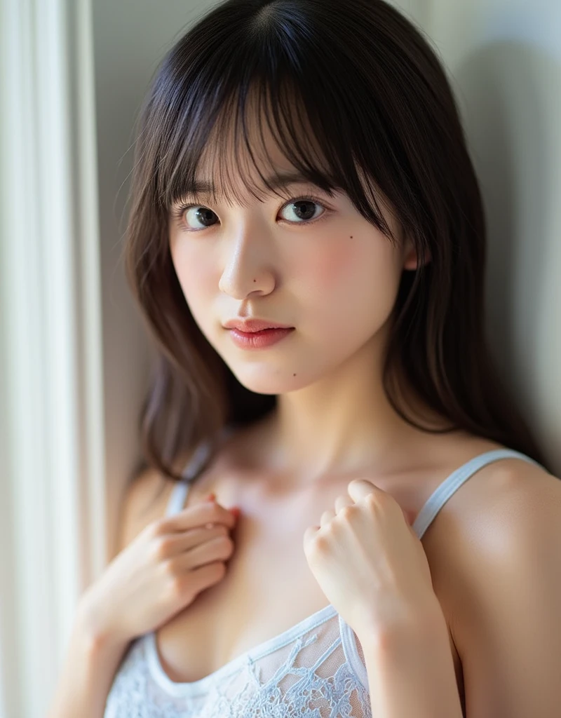 masterpiece, highest quality, 8k,Ultra-high resolution、Head to knee photo、 20th Generation, Large Breasts, cute, alone, sad, cute, girly, cute、Delicate girl, Pure beauty,  RAW Photos, Professional photography, Soft Light, Professional Lighting, Backlight, avert your eyes, Sophisticated, Film Grain, (Eye and facial details:1.0), Floating Hair、Messy Hair、Wavy long hair、,Asymmetrical bangs, Round face、Young Face、(Large Breasts:1.4)、A little bit of cleavage is visible、nipple protrusions are clearly visible,、(Micro Mini Tight Dress(Dusty Pink))、Voluptuous thighs、Translucent white skin、(((Dark eyeshadow(blue))))、(Odd Eye、The left and right eyes are different colors)