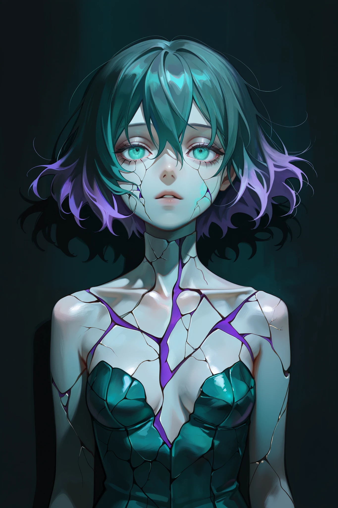 masterpiece,best quality,amazing quality, very aesthetic, 1girl, doll joint, doll girl, cracked skin, beautiful anime-style girl, intricate facial features, delicate porcelain-like skin, haunting cracked texture, elegant posture, melancholic expression, 8K, hyper-detailed, masterpiece, cinematic lighting, moody atmosphere, dramatic shadows, oil painting, surreal, dreamlike, teal and lavender color palette, muted tones, chiaroscuro