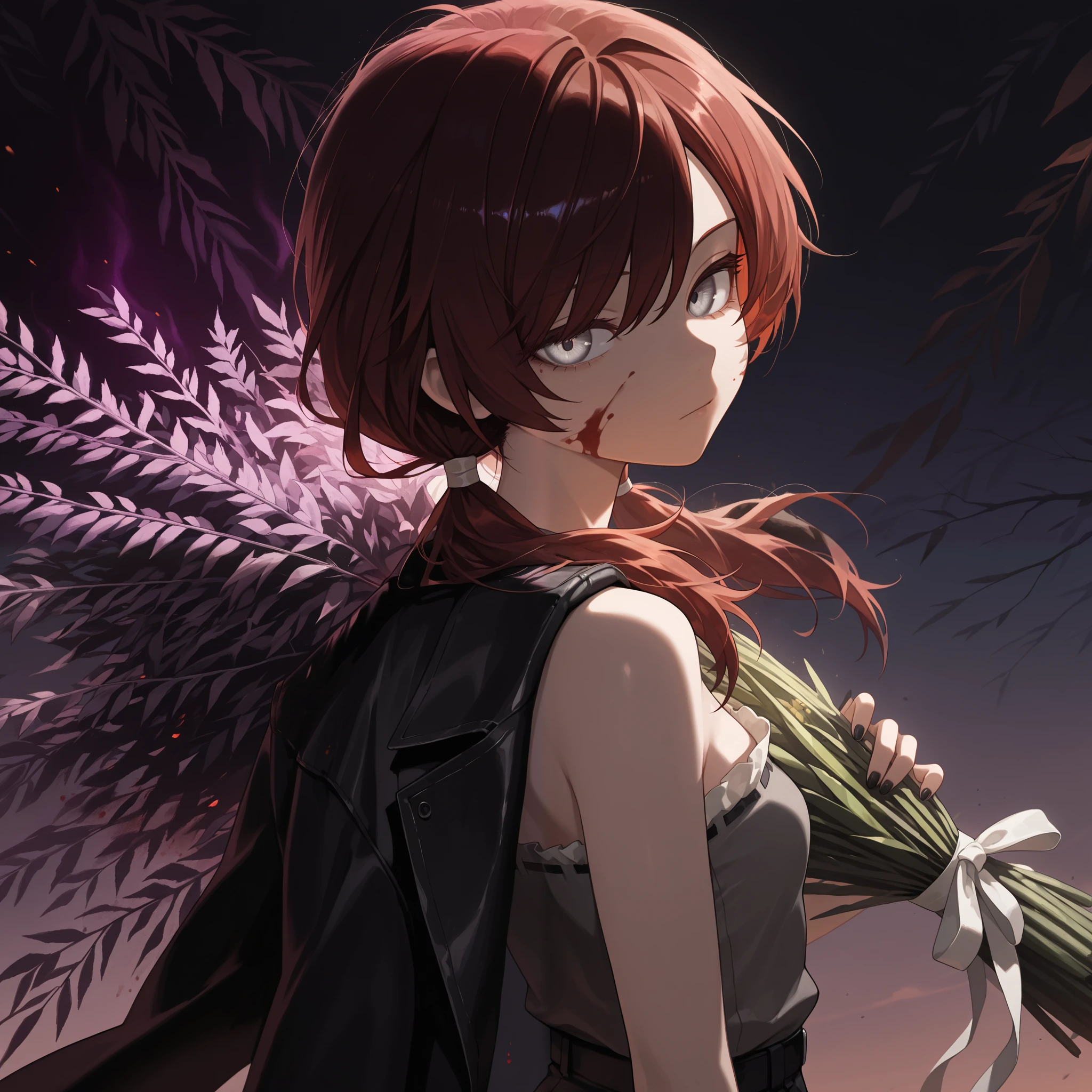 (masterpiece:1.2, Best Quality), (finely detailed beautiful eye: 1.2), (beautiful detailed face), (masterpiece:1.2, Best Quality), (finely detailed beautiful eye: 1.2), (beautiful detailed face), solo, close up,looking back, dark aura, dark energy, bristly hair, glowing eyes, dark aura, shadowy aura, upper body, thin girl, holding bouquet of purple flowers, expressionless, :l, Gray eyes, lifeless eyes, blood on face, blood on clothes, head tilt, dark red hair, swept bangs, low twin tails, white ribbons, strapless sleeveless shirt, gray shirt, shirt with white trim, frill trim, black coat worn over shoulders, black jeans, black nails, thin thighs, thin legs, dusk, willow tree leaves, close up, messy hair, stoic, shadowy aura,