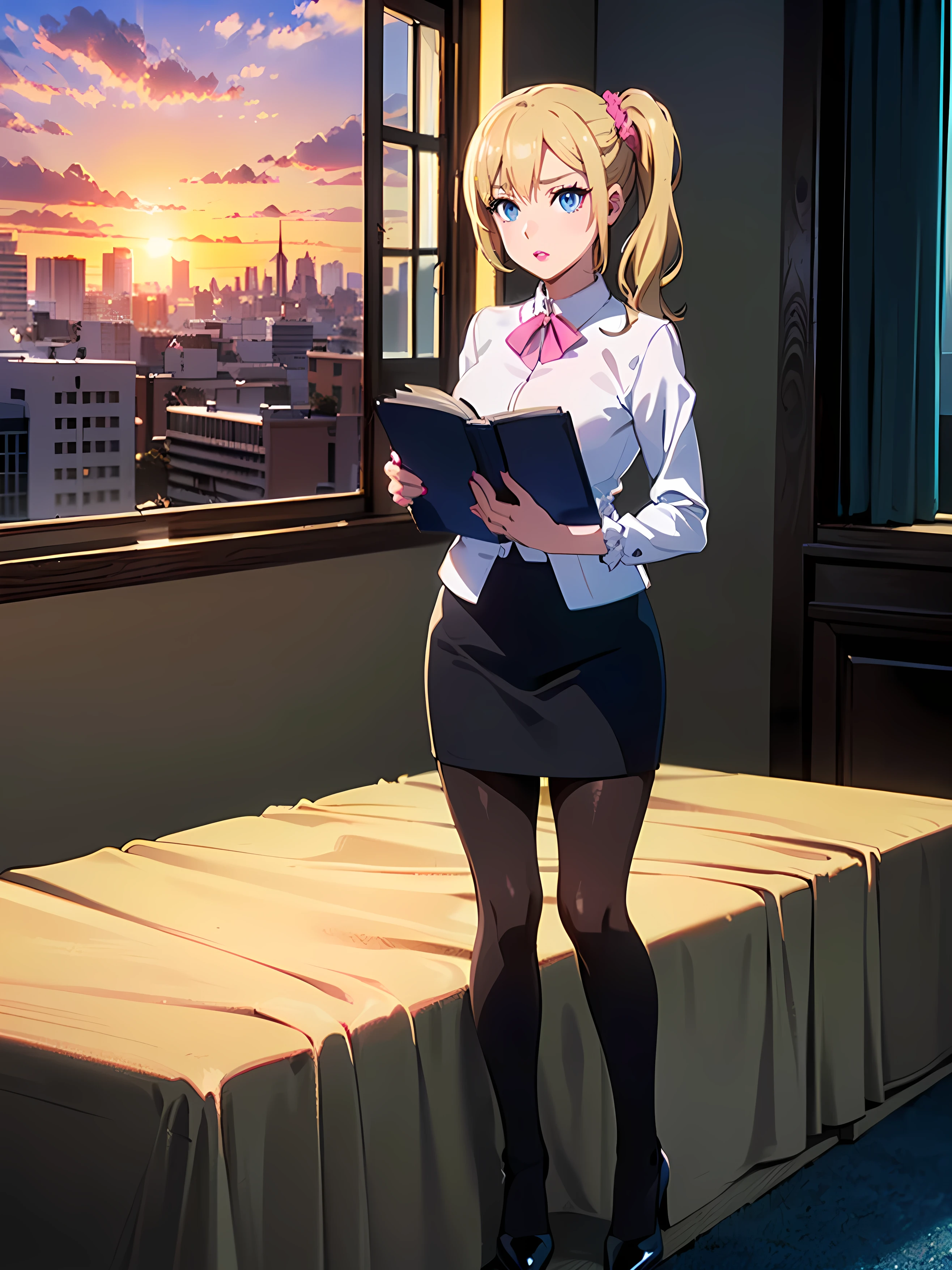 ((1 girl, Alone, alone,  ai hayasaka , bungs, blue eyes, blonde hair, hair ornament, side lock, side ponytail, scrunchie , hair crunch, blue scrunchy)), ((Alone, (1 Female,  pink lipstick), very detailed, ambient soft lighting, 4K,  Perfect Eyes, Close, perfect lighting, a 1 girl)), ((1 girl, Alone, alone,  ai hayasaka , bungs, blue eyes, blonde hair, hair ornament, side lock, side ponytail, scrunchie , hair crunch, blue scrunchy)), ((Alone, (1 Female,  pink lipstick), very detailed, ambient soft lighting, 4K,  Perfect Eyes, Close, perfect lighting, a 1 girl)), Strict, (( officelady, black suit, black tight skirt, white blouse, black tights,  office, work, beautiful woman, Staring at Viewers, Look here, high definition, top quality, Full Body, animation, Awareness-raising,  office, Penthouse,  executive room, big window, Big city landscape, sunset, cloud)), document, books,  table, shelf,  pencil holder , computer