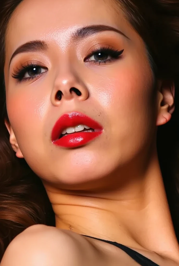 a close up of a woman with a big dick on her face, thick Red lips, thick lips, sexy Red lips, big Red lips, deep Red lips, small and thick Red lips, luscious Red lips, sexy lips, Red lips, huge lips, big lips, hand on his chin, delicious lips, inspired by Hedi Xandt