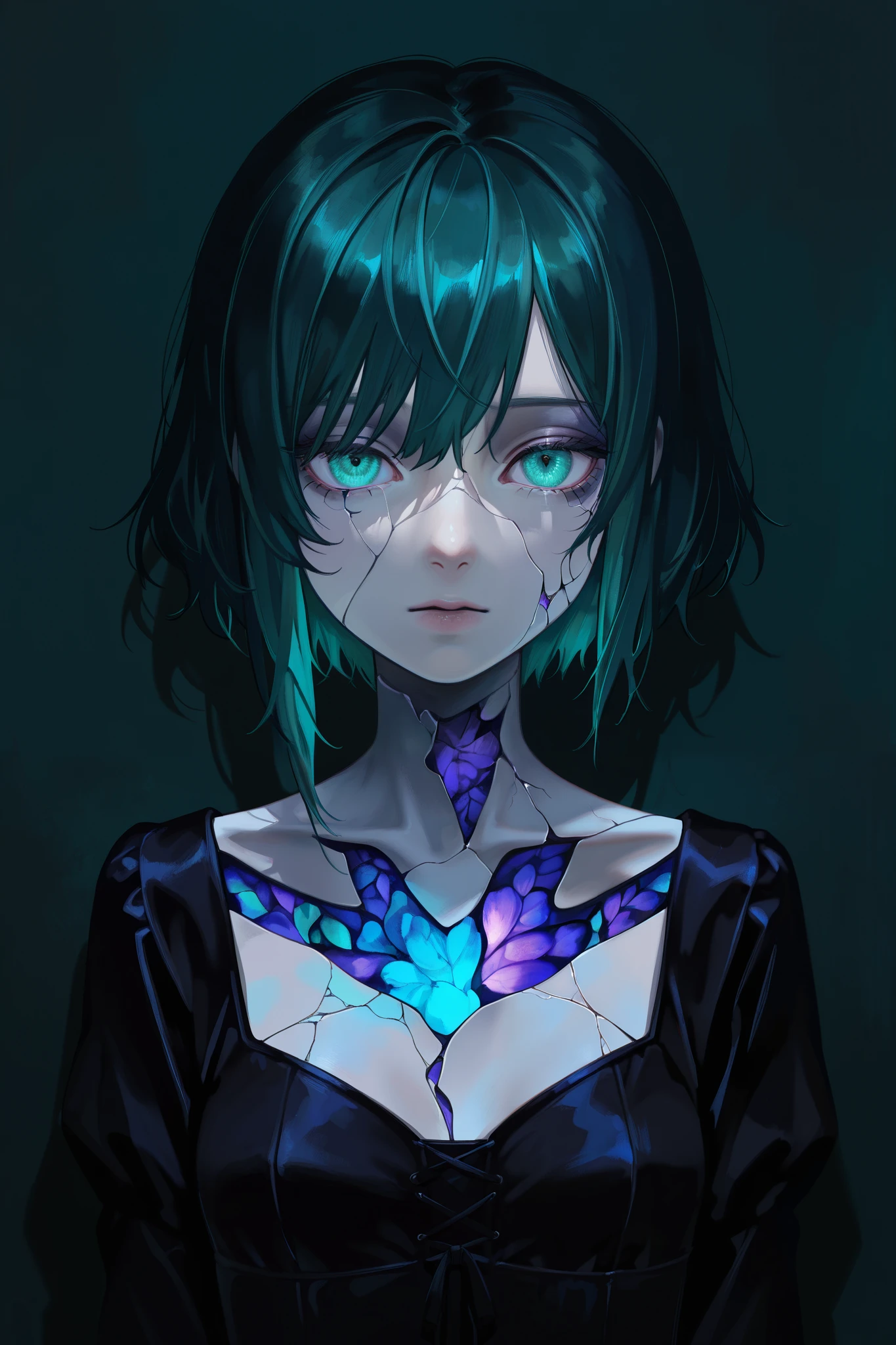 masterpiece,best quality,amazing quality, very aesthetic, 1girl, doll joint, doll girl, cracked skin, beautiful anime-style girl, intricate facial features, delicate porcelain-like skin, haunting cracked texture, elegant posture, melancholic expression, 8K, hyper-detailed, masterpiece, cinematic lighting, moody atmosphere, dramatic shadows, oil painting, surreal, dreamlike, teal and lavender color palette, muted tones, chiaroscuro