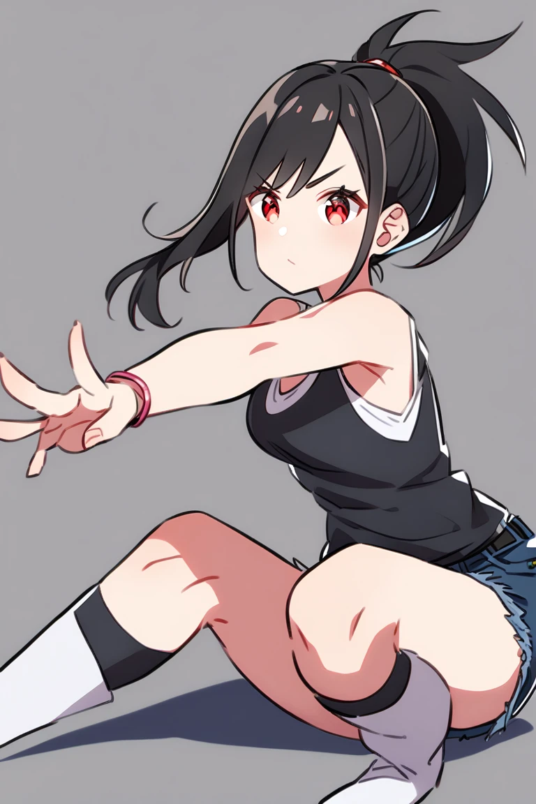 Optimal,masterpiece,High resolution,highest quality,in town、cute face,,black hair、long hair、twin tails、 ((scarlet eyes)),long eyelashes,drooping corners of the eyes,Are standing、thin legs、white skin,((Shoot from the front:1.5)), ((Wearing a tight white t-shirt:1.5)), ((tight yoga pants)). ((pointed nipples))、rocket tits , big breasts,
