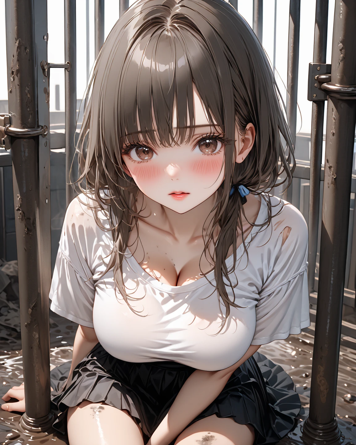 Masterpiece, Max Image Quality, very detailed description ,highest quality, UHD, retina, masterpiece, accurate anatomy, super detailed, high quality, best quality, 8k, top quality, Masterpiece, Masterpiece, Extreme Advanced Details , depicting a delicate face ,( Delicate Hair Description ),cute 20 year old Russian girl、So very real、Baby Face、A very glossy face、Short Black Hair、Dark Brown Eyes、Big Breasts、(embarrassed,blush:0.9), light-skinned,plain white t-shirt、black skirt、prison、My face, clothes, and hair are very, very dirty with mud、sitting、dark vibes、 torn、night、 troubled face、full body view、