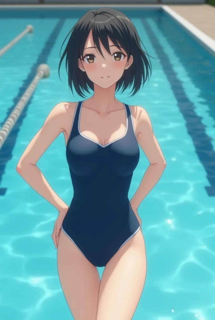 (araragi karen), One girl, Long Hair, Side Ponytail, Ahoge, egg hair ornament, smile, Open your mouth, medium breastst, (competition swimsuit), Cowboy Shot, standing, Put your arms on your hips, pool