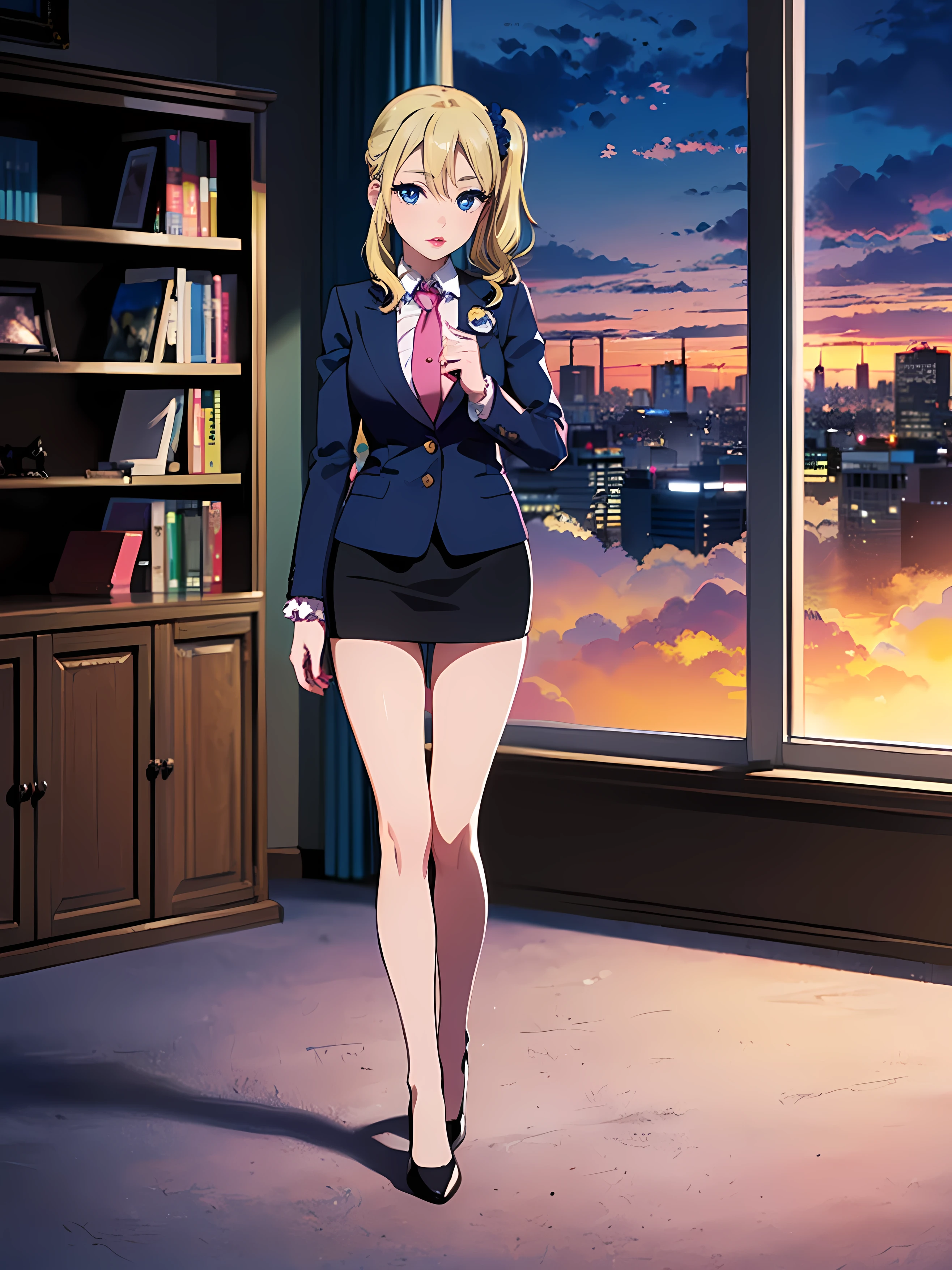 ((1 girl, Alone, alone, ai hayasaka , bungs, blue eyes, blonde hair, hair ornament, side lock, side ponytail, scrunchie , hair crunch, blue scrunchy)), ((Alone, (1 Female, pink lipstick), very detailed, ambient soft lighting, 4K, Perfect Eyes, Close, perfect lighting, a 1 girl)), ((1 girl, Alone, alone, ai hayasaka , bungs, blue eyes, blonde hair, hair ornament, side lock, side ponytail, scrunchie , hair crunch, blue scrunchy)), ((Alone, (1 Female, pink lipstick), very detailed, ambient soft lighting, 4K, Perfect Eyes, Close, perfect lighting, a 1 girl)), Strict, (( officelady, black suit, black tight skirt, white blouse, black tights, office, work, beautiful woman, Staring at Viewers, Look here, high definition, top quality, Full Body, animation, Awareness-raising, office, Penthouse, executive room, big window, Big city landscape, sunset, cloud)), document, books, table, shelf, pencil holder , computer