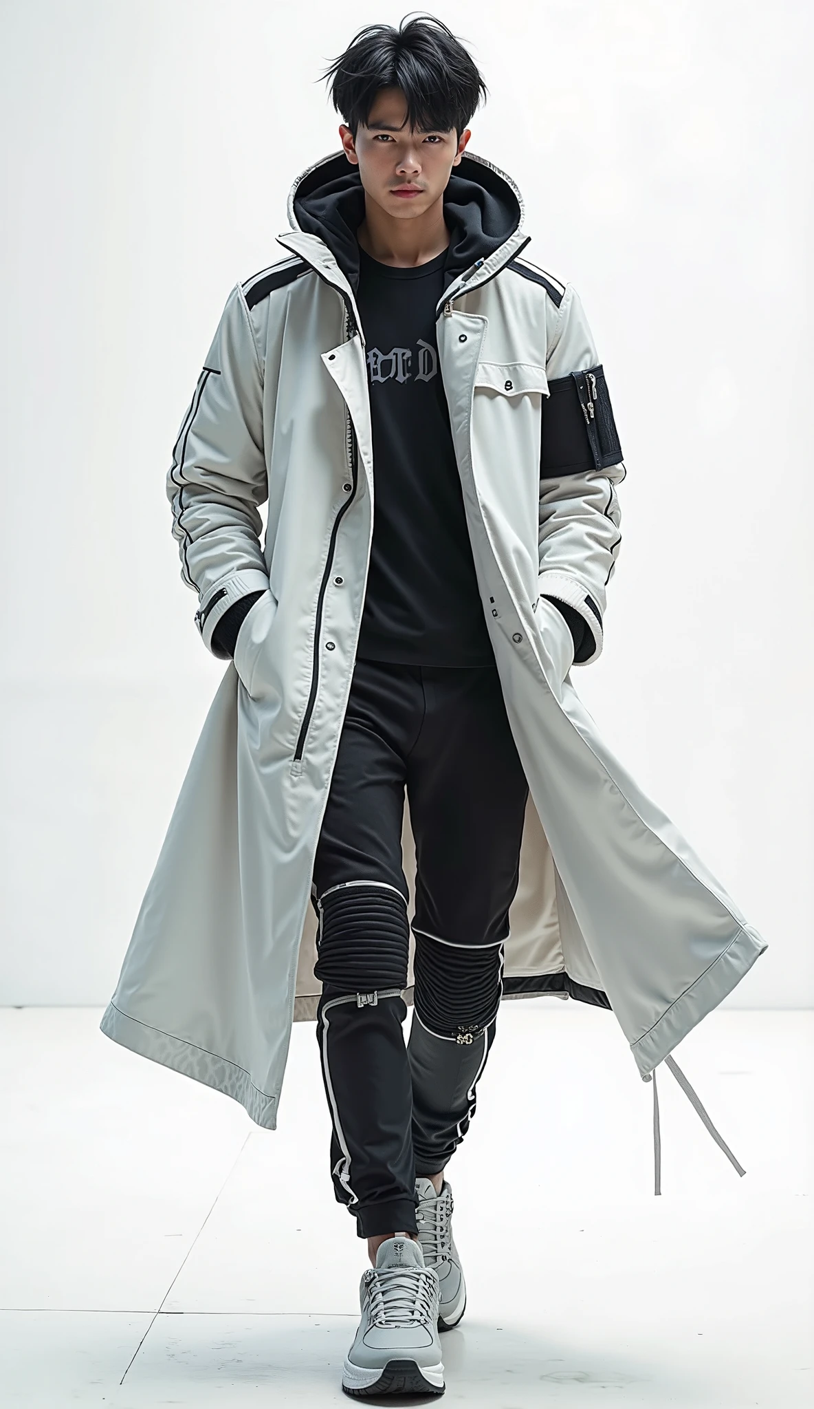 Create a Hyper-realistic, ultra-detailed illustration of a tall, lean Korean-inspired male model in a futuristic techwear ensemble. Full-body dynamic pose, extreme low-angle front-view (wide-angle lens, cinematic depth of field).
Character Details:
Face: Clean-shaven, sharp angular jawline, dark piercing eyes, neutral/slightly stoic expression. Short, tousled black hair with textured volume on top, stray strands falling casually over the forehead.
Outfit:
- Coat: Sleek knee-length techwear trench coat, crisp white exterior with matte finish, black interior. Open front reveals a fitted black shirt with a faint metallic-gray abstract logo peeking through.
- Coat Design: Black trim on hood, cuffs, and hem; angular black stripes along shoulders/arms; oversized black zippers on side pockets; minimalist black armband on left sleeve. Slight A-line flare at the hem.
- Pants: Skinny-fit black techwear pants with subtle hexagonal knee-panel detailing, minimal wrinkles.
- Shoes: High-tech gray sneakers with black mesh accents, white laces, and chunky white midsoles. Reflective detailing on the toe box.
Pose & Atmosphere:
- Walking mid-stride with confident, relaxed energy. One foot slightly forward, hands tucked into the trench coat pockets (hinting at motion). Slight wind tousles the coat and hair, adding dynamic flow. Head swaying to the side.
- Dramatic studio lighting: Harsh directional light from below (emphasizing low-angle), cool white tones with soft blue-gray shadows. Hyper-detailed textures (fabric folds, sneaker treads, hair strands).
- Background: Minimalist futuristic urban setting
Style Keywords:
Korean street-fashion editorial, 8K photorealism, cyberpunk minimalism, sharp lines, metallic accents, high contrast, fashion photography (akin to Vogue Korea or Balmain campaigns).