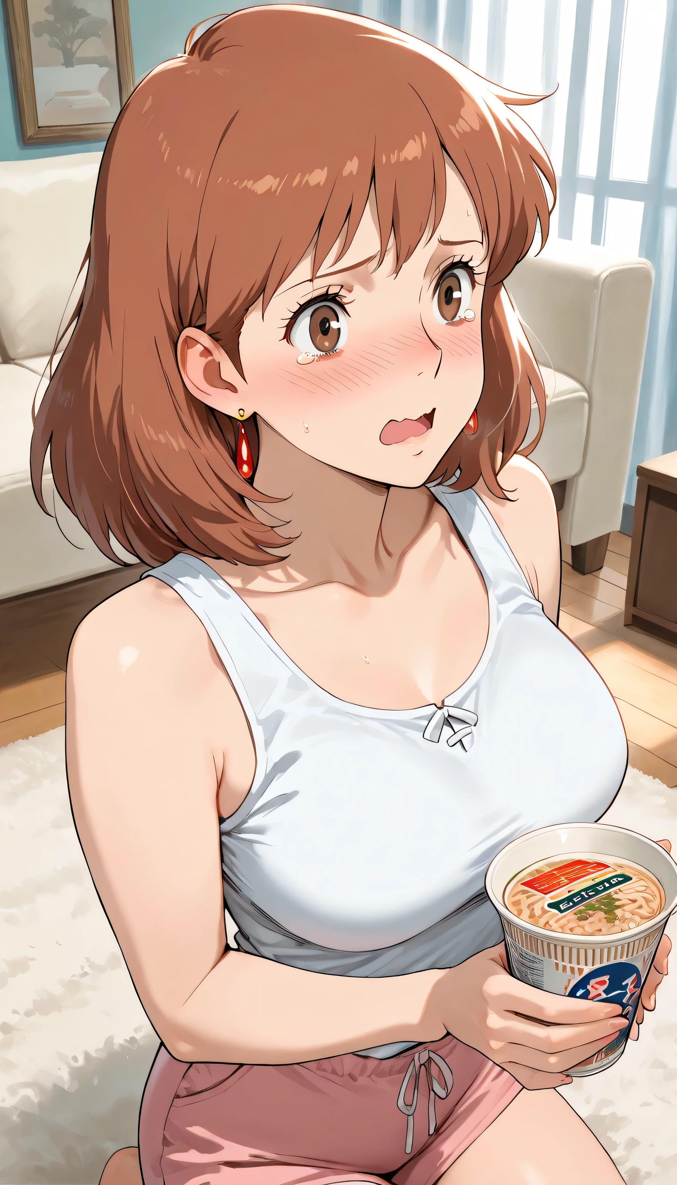 8k high score, great score, masterpiece, best quality, very ultradetail aesthetic, High quality, Ultra detailed, best quality, insanely detailed, beautiful, masterpiece (upper body shot:1.4)(from the side shot:1.0) from above:0.8 (perfect detail face:1.0),1girl (solo:1.1) (40 years old) mature female Nausicaa,1girl,brown hair,medium hair,brown eyes, (white tank top)(pink shorts)　medium breasts, voluptuous (facing ahead) (Holding cup noodles:1.2) (tearing up:1.3) bags under eyes nose blush kneeling (open mouth) wavy mouth:1.1 (japanese apartment living room)