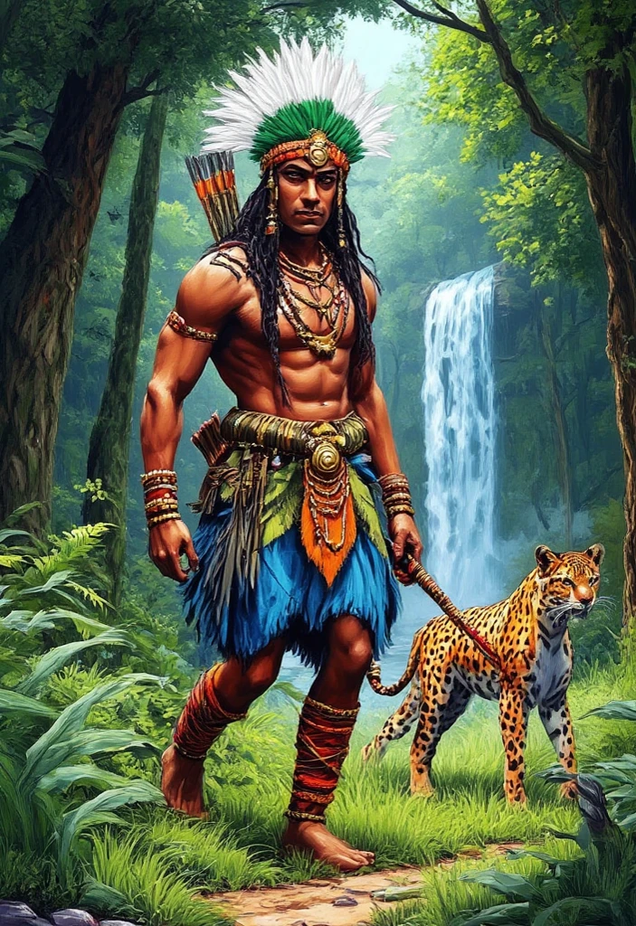 Create a full-body drawing of an indigenous person holding a spear with a jaguar at their side.