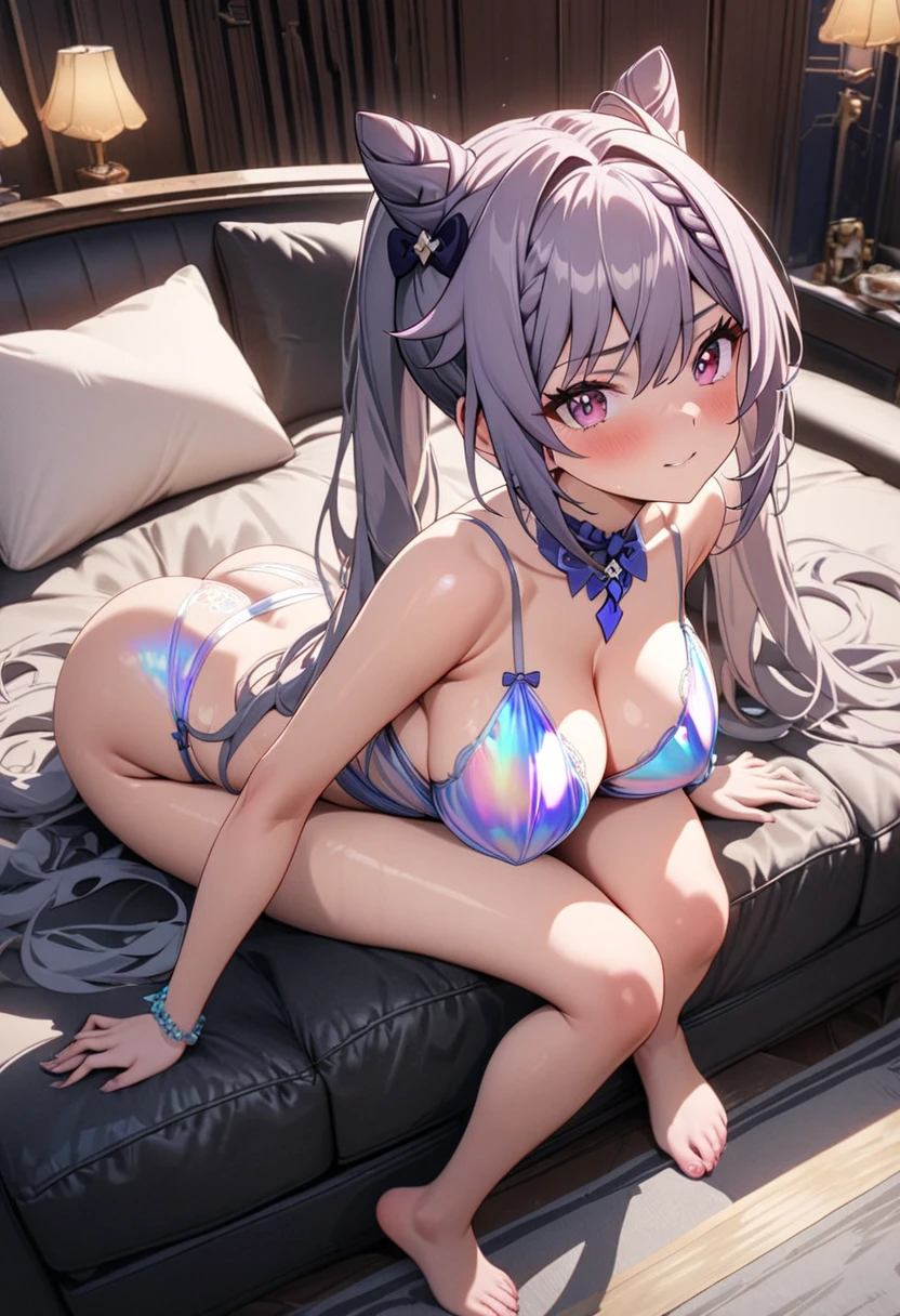 8K,Kiana Kaslana、Gray Hair、Long Hair、Cute face、((nsfw,Water color bikini,micro bikini,Medium chest))、(Background Space、night、Inside the spaceship、indoor,On a plush bed)Detailed e(masterpiece), best quality, ultra-detailed, illustration, an extremely delicate and beautiful,Cyberpunk Style、Sexy pose、Angle from below、Knee Up