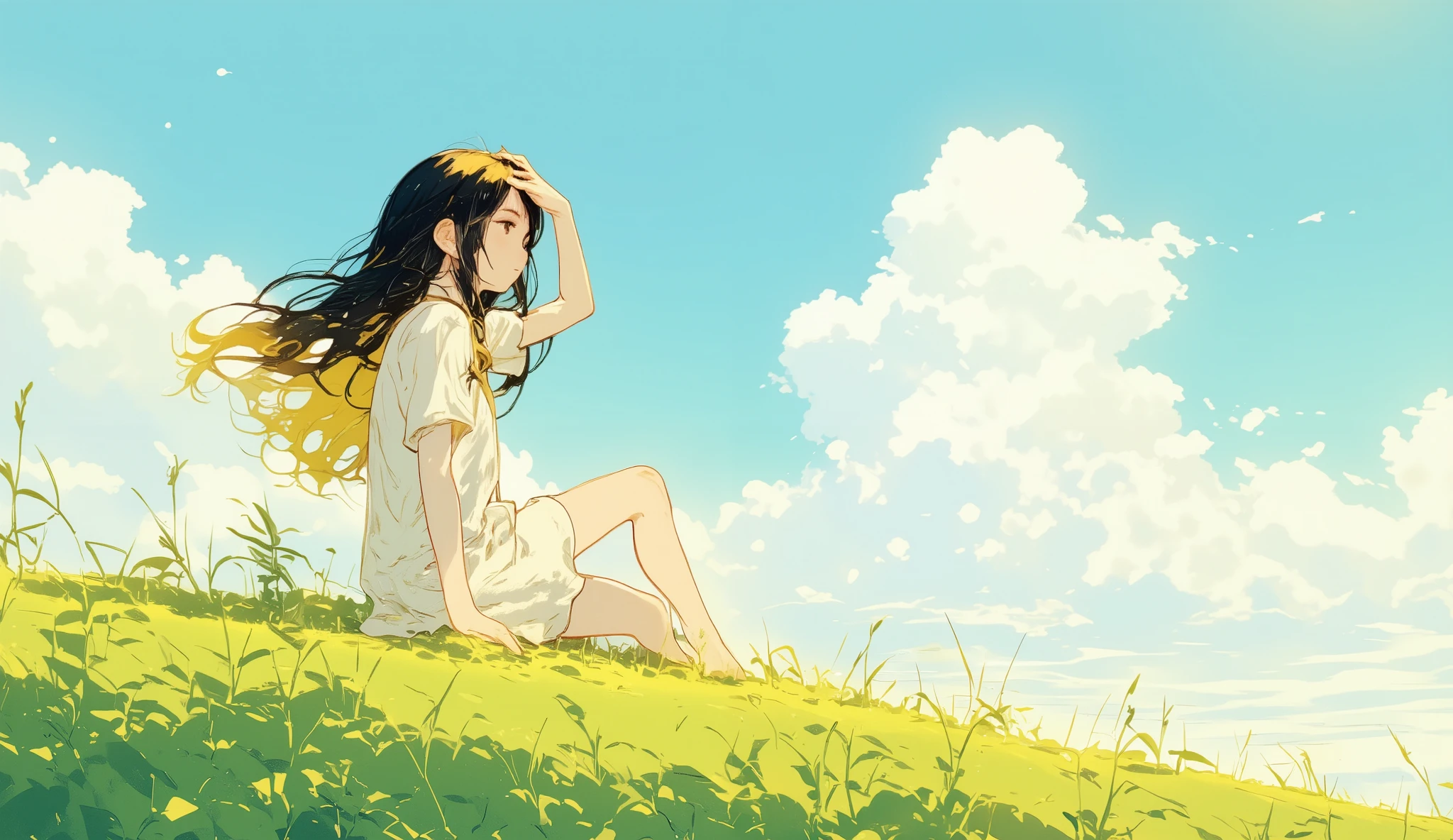 A young girl with long flowing black and blonde hair, sitting gracefully on a sunlit hilltop covered in lush green grass. She's wearing a simple white dress that billows gently in the wind. Her hand shields her eyes from the bright sunlight as she gazes into the distance with a calm, thoughtful expression. The sky is a soft pastel blue with fluffy white clouds drifting peacefully. The warm sunlight casts soft shadows on the ground, creating a serene and dreamy atmosphere. The scene has a painterly texture with delicate brushstrokes, evoking a nostalgic, storybook-like feel.