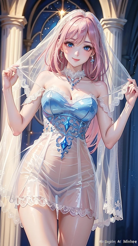 Masterpiece、Highest quality、Super detailed、1 girl、Light pink hair、Fluffy and soft long hair、Starry eyes、Big Tits、Cleavage、A dress that looks like a starry sky、garter belt、Twinkling Star々、crystal、ribbon、Lace cape、Lace veil、underwear、mysterious、Shining Star Castle