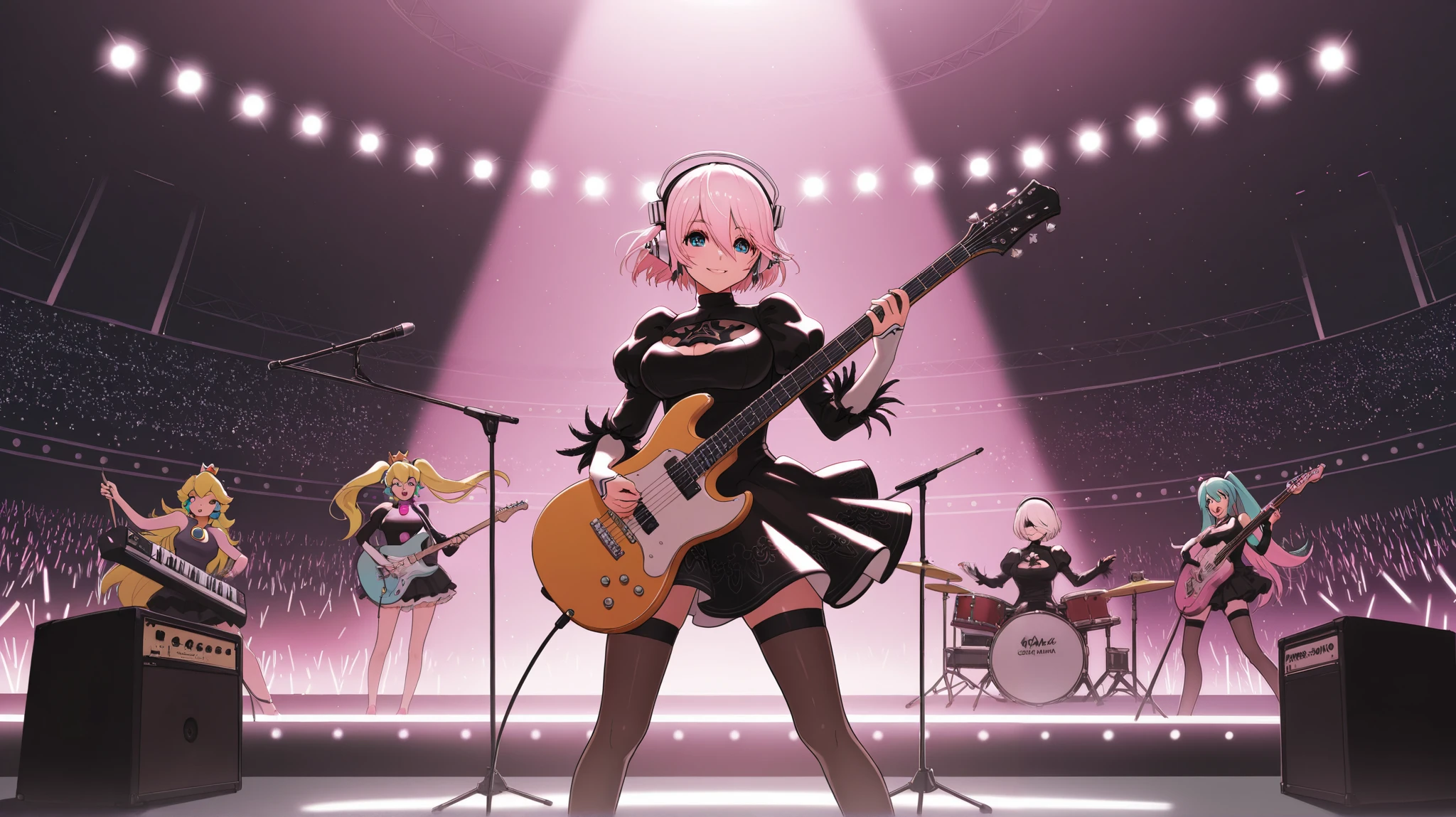 A band formed by: Hatsune Miku on vocals, Super Sonico on guitar, 2B from the game Nier Automata on drums, Princess Peach from Mario playing keyboard and Panty from the anime Panty&Stocking playing bass. On a stage with a crowd of fans with light sticks of all colors in the audience. The girls' look is all in the rock style. Lighting on stage and the audience is illuminated only by the light from the sticks. Everyone is smiling and having fun.