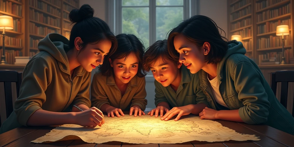 Four friends, in which two are boys and two are girls , gathered together, looking determined and curious. They are holding a flashlight and a map, planning their adventure.
