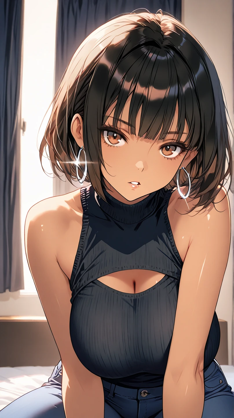 ((perfect anatomy:1.5,realistic:1.3,RAW Photography:1.3,masterpiece、highest quality、Ultra - High resolution、High resolution、Highly detailed CG、8K)),cowboy shot,1 female,solo,guitarist,18-year-old、High school girl beautiful girl,Japanese,((beautiful detailed face and eyes:1.2,big gorgeous eyes:1.2,gray eyes)),dark brown hair,short bob hair,bangs,medium breasts,slender body,small head:1.3,skinny,(oily skin,gleaming skin,shiny skin、sweat)、sitting,black tank top、plaid pleated skirt、Backstage、Harajuku、Tokyo、