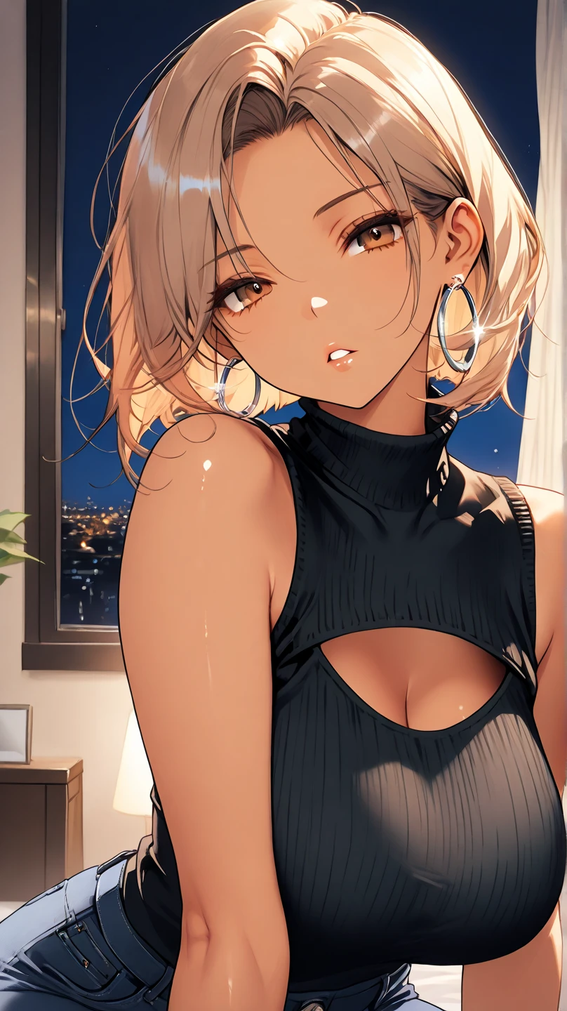 (masterpiece),(best quality),(ultra-detailed),(best illustration),(best shadow),(absurdres),(detailed background),(very aesthetic), luca ikaruga, 1girl, blonde hair, solo, multicolored hair, metallic verymicrobikini, yellow eyes, looking at viewer, black hair, night city background 