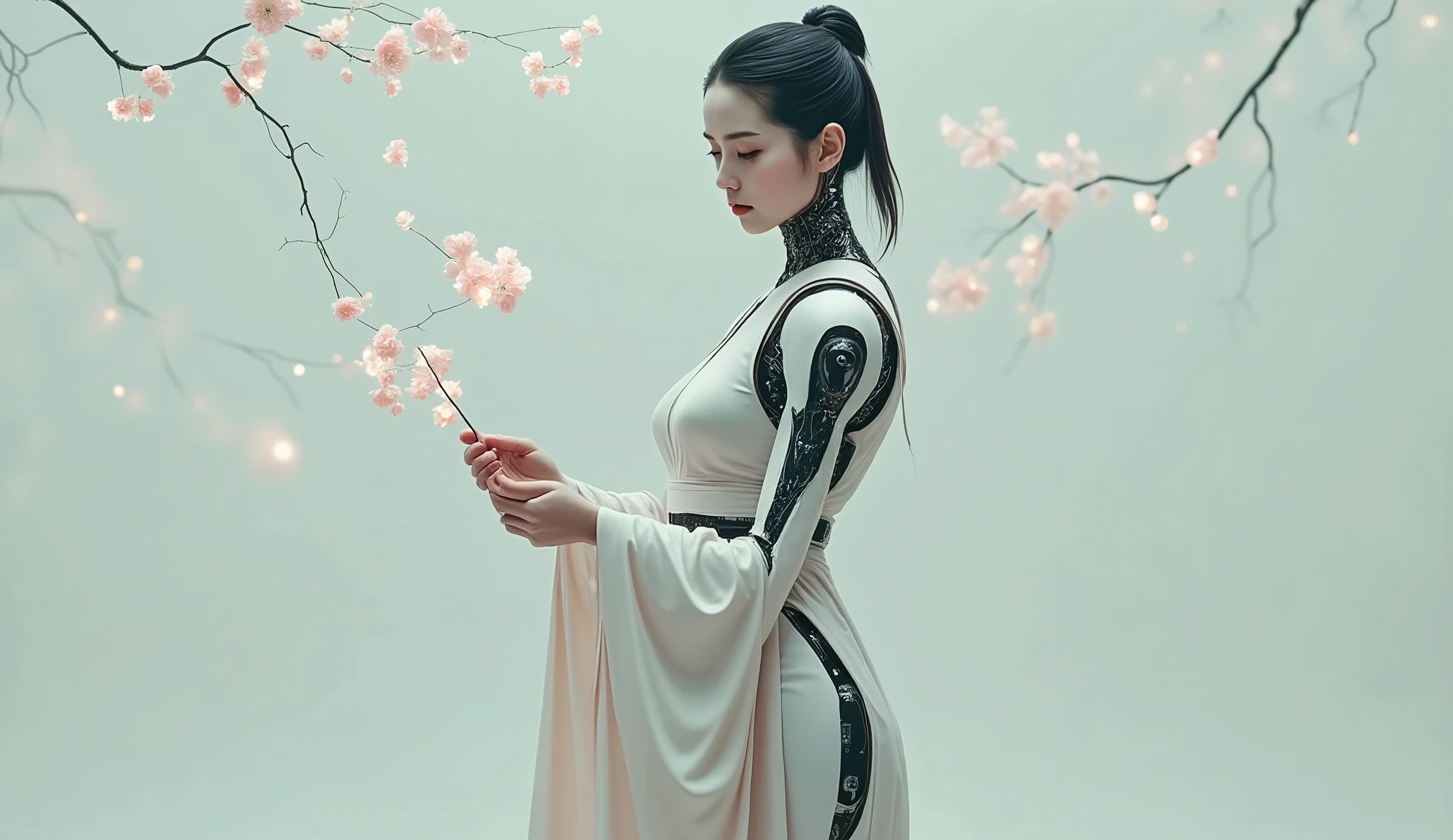 A scene from the cyberpunk world that features a female robot geisha playing the shamisen under a holographic cherry blossom tree. She wears a pale pink kimono, her fragile and sad expression. Parts of her metallic body are missing, glowing faintly with electricity. The neon urban landscape in the background is reflected in its worn frame, adding a melancholic but beautiful atmosphere.  Ultra-realistic , cinematic lighting, high detail in facial emotions and mechanical textures, dark futuristic aesthetic.
