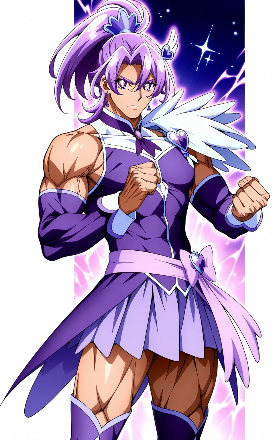 score 9 、score 8 up、score 7 up、source anime、masterpiece、top quality、high definition、anime coloring、1boy 、Cure Sword、(male:1.6)、Cartoon images of Boy in Purple Dress、Boy with short purple hair、 With Sparkling Purple Eyes 、high short ponytail hair、spade shape hair ornament、alone、 Prince of Amethysts 、 purple miniskirt、white shoulder pats、 purple arm warmers、purple detached sleeves、purple waist bow、Bare Thighs、 purple thigh-high boots 、Anime Prince 、 MLP fan art 、 official character art、style of Magic Boy、masculinization、Magic Boy、 Official Fanart、 !!full body portrait!!、Magic Boyのスタイル、 hymn to the king as prince 、Detailed Fanart、 magical aura、high definition、 commission for high definition、 wallpaper!、boy in purple dress、 boy in purple boots、素敵なドレスを着た Anime boy 、(manly:1.6)、Official Art、 Anime boy 、 male focus、looking at viewer、alone focus、cowboy shot、(male body:1.6)、