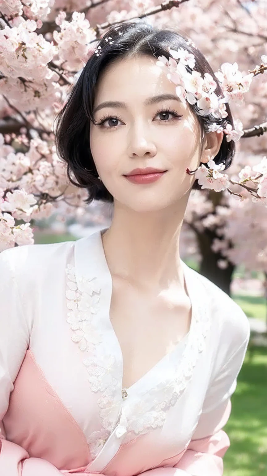((highest quality)), ((8K)), ((masterpiece: 1.3)), (perfect appearance), (photorealism: 1.6), (FU), (Mature woman looking up at the cherry blossom tree), perfect anatomy, ((Age 65)), (I'm looking up at the cherry blossoms blooming on the trees), ((white blouse)), ((lipstick, eyeshadow, eyeliner)), ((gentle smile)), (Upper body of a mature woman), (River edge lined with cherry blossom trees),