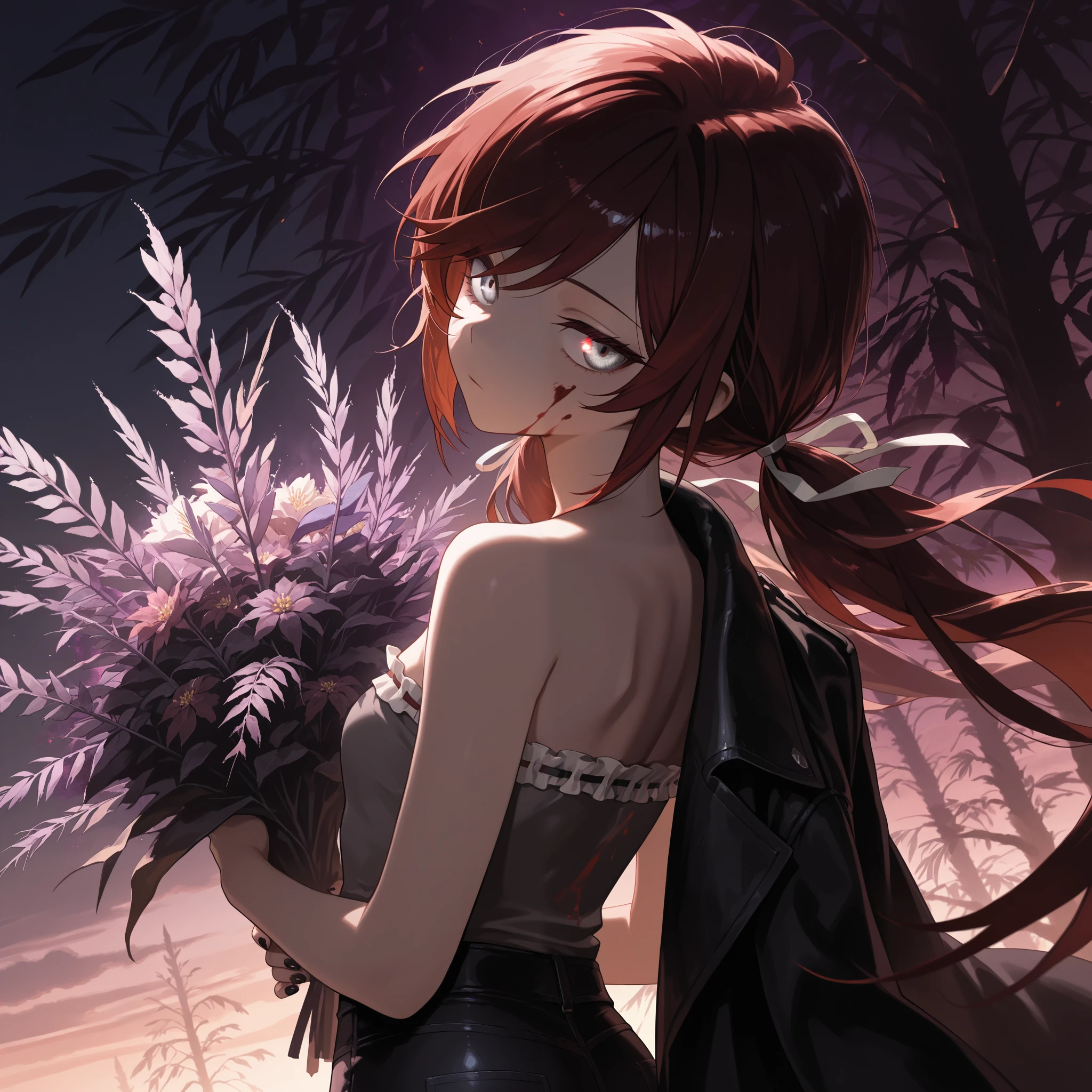 (masterpiece:1.2, Best Quality), (finely detailed beautiful eye: 1.2), (beautiful detailed face), (masterpiece:1.2, Best Quality), (finely detailed beautiful eye: 1.2), (beautiful detailed face), solo, close up,looking back, dark aura, dark energy, bristly hair, glowing eyes, dark aura, shadowy aura, upper body, thin girl, holding bouquet of purple flowers, expressionless, :l, Gray eyes, lifeless eyes, blood on face, blood on clothes, head tilt, dark red hair, swept bangs, low twin tails, white ribbons, strapless sleeveless shirt, gray shirt, shirt with white trim, frill trim, black coat worn over shoulders, black jeans, black nails, thin thighs, thin legs, dusk, willow tree leaves, close up, messy hair, stoic, shadowy aura,