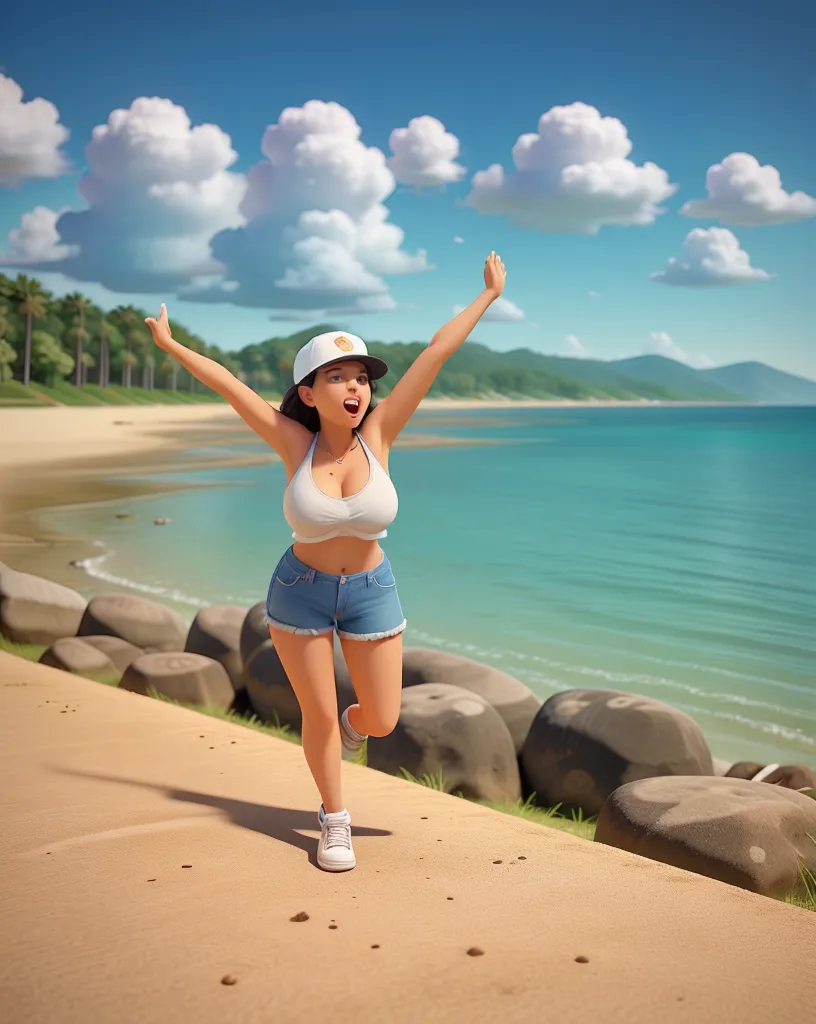 realistic, woman, selfie, wide mouth, licking, soft serve ice cream, face zoom, background sea
