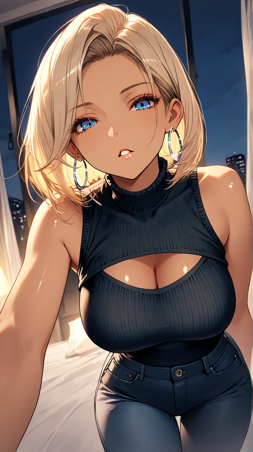 Beautiful round medium breasts, 1girl, ((blonder hair, bangs cover the eyes)) ((wolf girl, cute girl face)) light blue eyes, has an beautiful sensual body with freckles, with full breasts and thin waist, HIP HOP Beautiful and cute Beautiful long black sweater, long sleeves and high neck, strapless fabric delicate, has a bold appearance. young, quality, realistic, best quality, cute expression, pink lipstick lips, Cute smile, walking on the bridge illuminated by moonlight