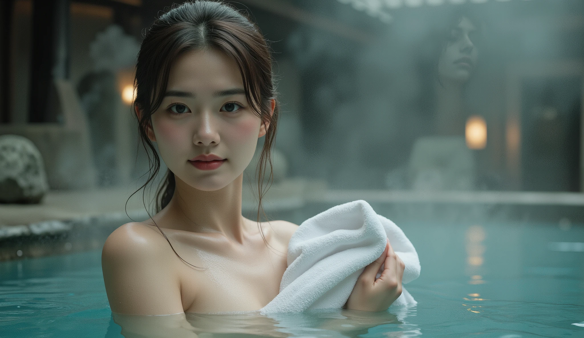 (night:1.7), oriental architecture, 1 woman, ((hot spring, onsen:1.4)), moist skin, ((fog:2.0)), (steam rising:1.8), glowing skin, glossy skin, ((partially submerged in hot spring:1.4)), Holding a wet white towel close to the body, but some cleavage is visible. ((Wet towel:1.3) , perfect eyes,perfect face,（smile：0.7），official artwork，Very detailed CG Unity 8k wallpaper、bright_front_face_lighting，（tmasterpiece:1.0），(best_quality :1.0),ultra high resolution,4k,detailed detail,high resolution of,8k,nffsw,high resolution,absurderes:1.2,kodak portra 400,film grain,lens flare glow,（beautiful_face:1.4），8k,raw footage,(outdoor bath drawn wider:1.4) ,(wet hair:1.3),((beautifully depicts depth and width:1.3)),((The outdoor bath is surrounded by a Japanese garden and large rocks, with only two small lights.:1.3)), ((smooth white skin: 1.3)),