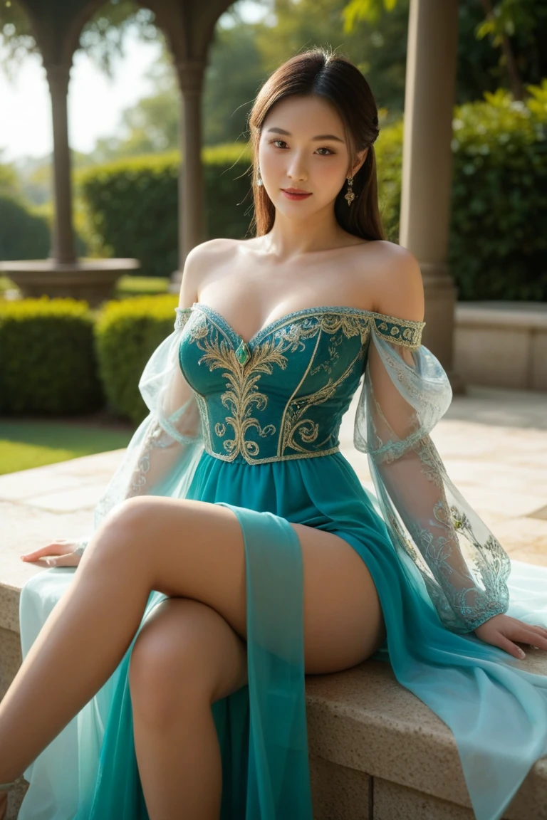 (8K, Best Quality, Masterpiece: 1, 2), (Realistic, Photo Realistic: 1, 37), Top Quality, Masterpiece, There is a woman in a blue bandeau dress posing for a photo, blossoming woods, vintage light tones, embroidery of petals, gold wire details embellishment, exquisite craftsmanship of earrings, noble and elegant bun, fresh and natural long hair, popular on cgstation, celestial goddess, April rendering, light blue, dreamy medium portrait top light, light blue skin, amouranth, fantasy dress (full body close), show nipples, show vagina with pubic long hair, open legs:1.3