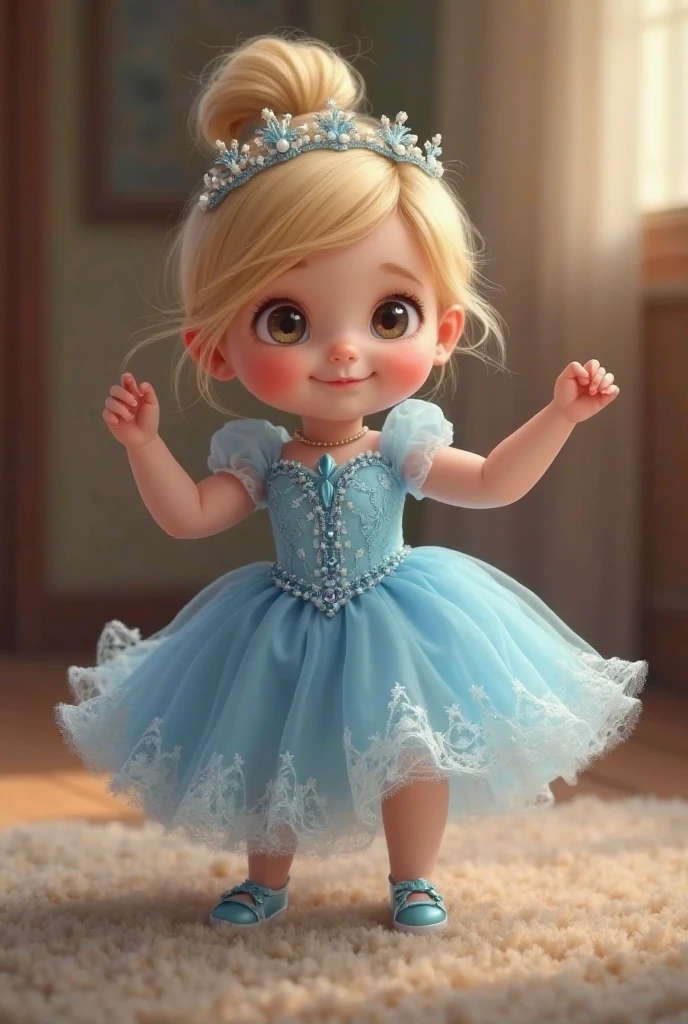 Create UHD photorealistic realistic image, no animation, no 3D image, no Pixar style. Capture a 20-month-old girl dressed in a sparkly princess, in a softly lit studio. Use an 85mm lens for a detailed portrait with a blurred, fairy-tale-like background. Lighting should be soft and magical, creating a gentle glow around her. Ensure her hand shows exactly five fingers. 
