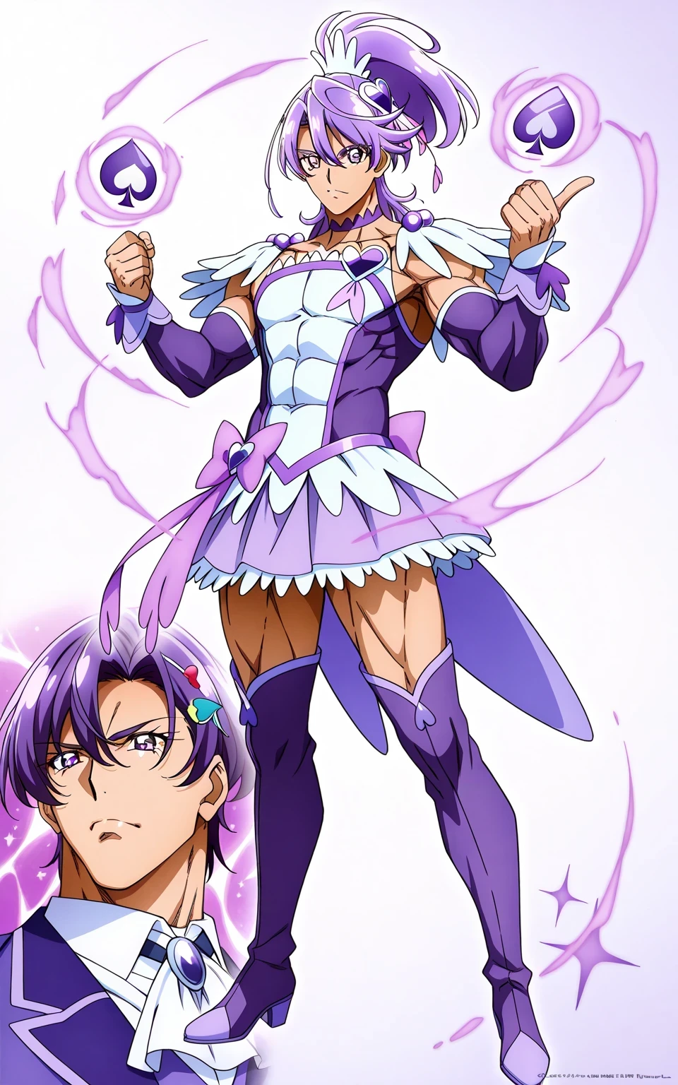 score 9 、score 8 up、score 7 up、source anime、masterpiece、top quality、high definition、anime coloring、1boy 、Cure Sword、(male:1.6)、alone、Cartoon images of Boy in Purple Dress、Boy with short purple hair、 With Sparkling Purple Eyes 、high short ponytail hair、spade shape hair ornament、alone、 Prince of Amethysts 、 purple miniskirt、white shoulder pats、 purple arm warmers、purple detached sleeves、purple waist bow、Bare Thighs、 purple thigh-high boots 、Anime Prince 、 MLP fan art 、 official character art、style of Magic Boy、masculinization、Magic Boy、 Official Fanart、 !!full body portrait!!、Magic Boyのスタイル、 hymn to the king as prince 、Detailed Fanart、 magical aura、high definition、 commission for high definition、 wallpaper!、boy in purple dress、 boy in purple boots、素敵なドレスを着た Anime boy 、(manly:1.6)、Official Art、 Anime boy 、 male focus、looking at viewer、alone focus、cowboy shot、(male body:1.6)、