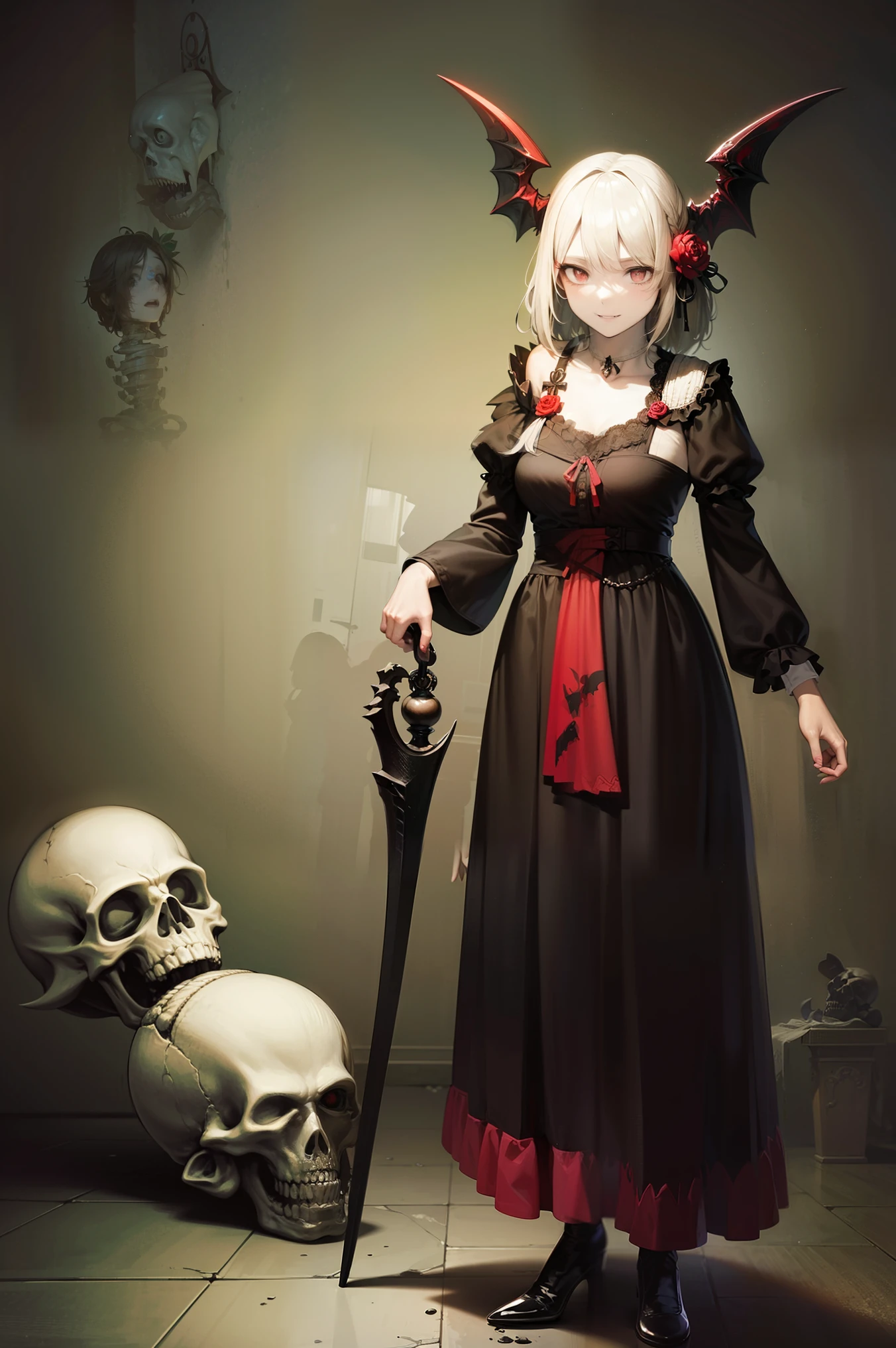 masterpiece, top quality, high definition,(top quality,4K,high definition,masterpiece:1.2),very well detailed,realistic:1.37,masterpiece, top quality, (( Disgust))、 very angry 、It was a shame、Exquisitely crafted, woman, beautiful, elegant, smile, , iridescent long hair, bungs , skirt, shirt, Long Sleeve, frills, shoes, (Red Black:1.3), flower, creepy, horror, head蓋Bones, long hair, black hair, Cles, hair flower, Dead, hair ornament, Bone, doll, head蓋Bone, skeleton, horror (Theme),creepy altar background,dark fantasy,Red Scheme , Ominous Vibes ,Eye を引く,story, Anatomy , anime style,concept art,beautiful face with meticulous detail and (((赤いEye ))),A terrifying ritual ,Satan's Ritual ,Premature death,Improper behavior,Smile,Scythe Face, Girl Monster , beautiful, Delicate Facial Features, 鋭いEye , Sharp fangs, 青white skin, blonde,Robots,Cursed Painting, dark background with lots of exposure, Cinema Lighting, dramatic shadow , Gothic, Gloomy Atmosphere , dark fantasy, one girl, , Please open your mouth wide, Open your mouth baring your teeth, Sharp teeth like a beast , Wide lips, very large mouth, 赤い頬,,Scary smile, smile,Fallen angel design, Twisted smile、、CrossBones, head蓋Bone, Horror, cream colored hair, Gray Hair, Pearly Hair, Nice Boy , Devilhorn , loose clothing, Larger clothes, dark red Eye , Eye の下のたるみ, dark circles under Eye , Draw every detail of the dark cute, fluffy hair, Full hair, skinny, slim, very skinny, Unisex, cute, creepy, short hair, horror, faded colors, white skin, creepy, Unnaturally Thin , I'I am hungry, Eye , Eye in background, sharp Eye , Long Eye lashes, Under the Eye lashes, Loose Shorts, Lace Shirt , frills shirt, Tie the ribbon'head, detailed clothes, loose fit cardigan, open cardigan, , that'terrible, nightmare, Ghostly, stitch, patchwork, string, Injury, hello, Injury on arms, self-harm, cut, black fingers , factory, ABoned, A dismembered ghost,Many heads,Many heads,Many Faces,Multiple Faces,multi girls,Frolicking Girl,Multiple women,tea ,Smile, looks up,Face shot,Scythe Face, Girl Monster , slave,beautiful, detailed portraits, Delicate Facial Features, 鋭いEye , Sharp fangs, 青white skin, thick chain, dark background with lots of exposure, Cinema Lighting, dramatic shadow , Gothic, Gloomy Atmosphere , dark fantasy, one girl, , Please open your mouth wide, Open your mouth baring your teeth, Sharp teeth like a beast , Wide lips, very large mouth, 赤い頬, Scary face, Laughter Witch design, Twisted smile、,CrossBones, head蓋Bone, , Horror Style, ((fantasy witch costume)), (( flowing gray hair)),midnight ancient Gothic library. expensive, Dark wood bookshelves reach to the ceiling, Lots of dusty ancient documents. The only light、The only light was from flickering cles scattered around the room., Cast long shadows. Decorative ladders hidden rooms scattered throughout, 、The fireplace burns quietly behind me... the room exudes a mystical atmosphere , paint a detailed picture of the ancient Gothic library at midnight ,