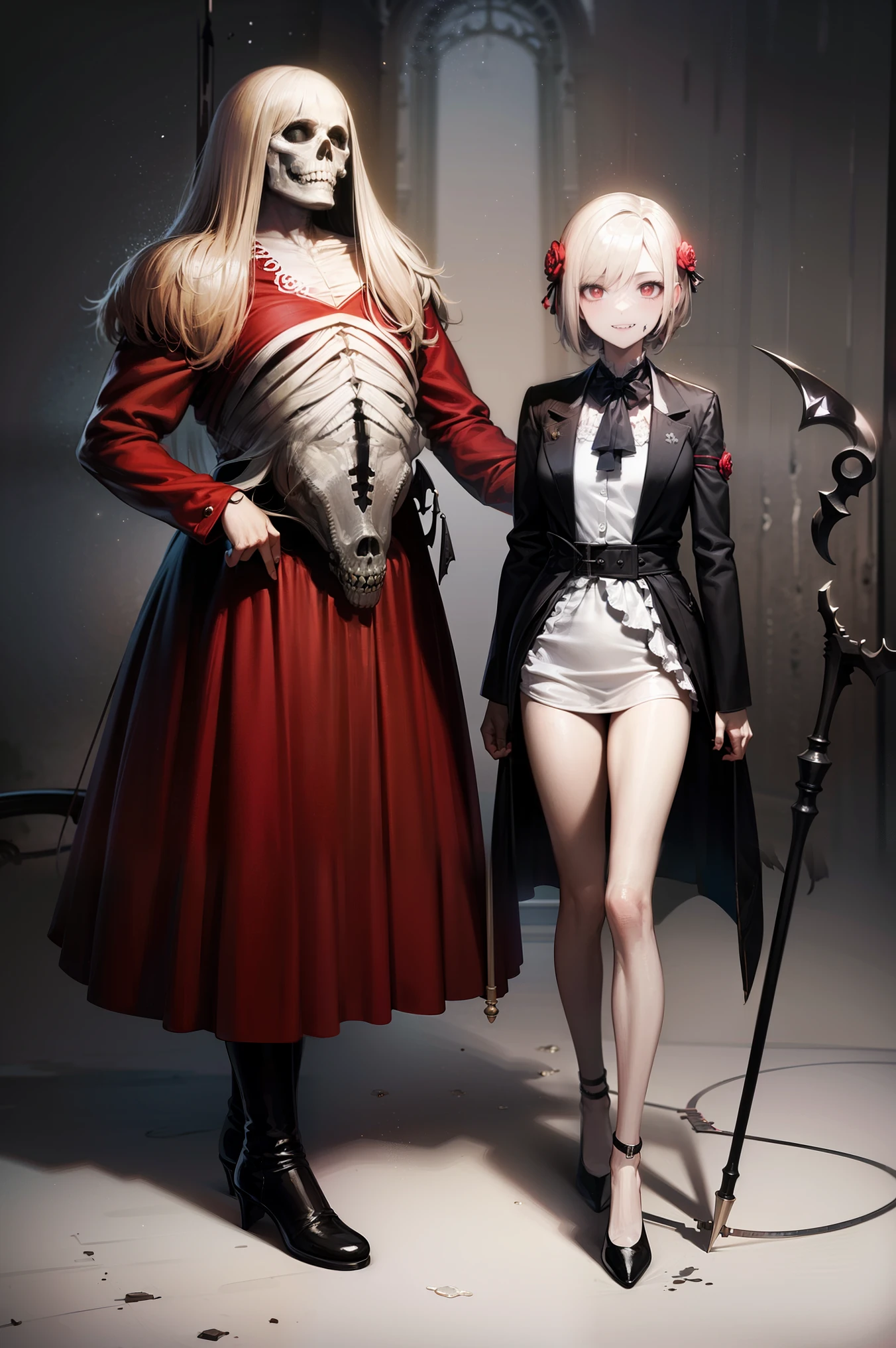 masterpiece, top quality, high definition,(top quality,4K,high definition,masterpiece:1.2),very well detailed,realistic:1.37,masterpiece, top quality, (( Disgust))、 very angry 、It was a shame、Exquisitely crafted, woman, beautiful, elegant, smile, , iridescent long hair, bungs , skirt, shirt, Long Sleeve, frills, shoes, (Red Black:1.3), flower, creepy, horror, head蓋Bones, long hair, black hair, Cles, hair flower, Dead, hair ornament, Bone, doll, head蓋Bone, skeleton, horror (Theme),creepy altar background,dark fantasy,Red Scheme , Ominous Vibes ,Eye を引く,story, Anatomy , anime style,concept art,beautiful face with meticulous detail and (((赤いEye ))),A terrifying ritual ,Satan's Ritual ,Premature death,Improper behavior,Smile,Scythe Face, Girl Monster , beautiful, Delicate Facial Features, 鋭いEye , Sharp fangs, 青white skin, blonde,Robots,Cursed Painting, dark background with lots of exposure, Cinema Lighting, dramatic shadow , Gothic, Gloomy Atmosphere , dark fantasy, one girl, , Please open your mouth wide, Open your mouth baring your teeth, Sharp teeth like a beast , Wide lips, very large mouth, 赤い頬,,Scary smile, smile,Fallen angel design, Twisted smile、、CrossBones, head蓋Bone, Horror, cream colored hair, Gray Hair, Pearly Hair, Nice Boy , Devilhorn , loose clothing, Larger clothes, dark red Eye , Eye の下のたるみ, dark circles under Eye , Draw every detail of the dark cute, fluffy hair, Full hair, skinny, slim, very skinny, Unisex, cute, creepy, short hair, horror, faded colors, white skin, creepy, Unnaturally Thin , I'I am hungry, Eye , Eye in background, sharp Eye , Long Eye lashes, Under the Eye lashes, Loose Shorts, Lace Shirt , frills shirt, Tie the ribbon'head, detailed clothes, loose fit cardigan, open cardigan, , that'terrible, nightmare, Ghostly, stitch, patchwork, string, Injury, hello, Injury on arms, self-harm, cut, black fingers , factory, ABoned, A dismembered ghost,Many heads,Many heads,Many Faces,Multiple Faces,multi girls,Frolicking Girl,Multiple women,tea ,Smile, looks up,Face shot,Scythe Face, Girl Monster , slave,beautiful, detailed portraits, Delicate Facial Features, 鋭いEye , Sharp fangs, 青white skin, thick chain, dark background with lots of exposure, Cinema Lighting, dramatic shadow , Gothic, Gloomy Atmosphere , dark fantasy, one girl, , Please open your mouth wide, Open your mouth baring your teeth, Sharp teeth like a beast , Wide lips, very large mouth, 赤い頬, Scary face, Laughter Witch design, Twisted smile、,CrossBones, head蓋Bone, , Horror Style, ((fantasy witch costume)), (( flowing gray hair)),midnight ancient Gothic library. expensive, Dark wood bookshelves reach to the ceiling, Lots of dusty ancient documents. The only light、The only light was from flickering cles scattered around the room., Cast long shadows. Decorative ladders hidden rooms scattered throughout, 、The fireplace burns quietly behind me... the room exudes a mystical atmosphere , paint a detailed picture of the ancient Gothic library at midnight ,