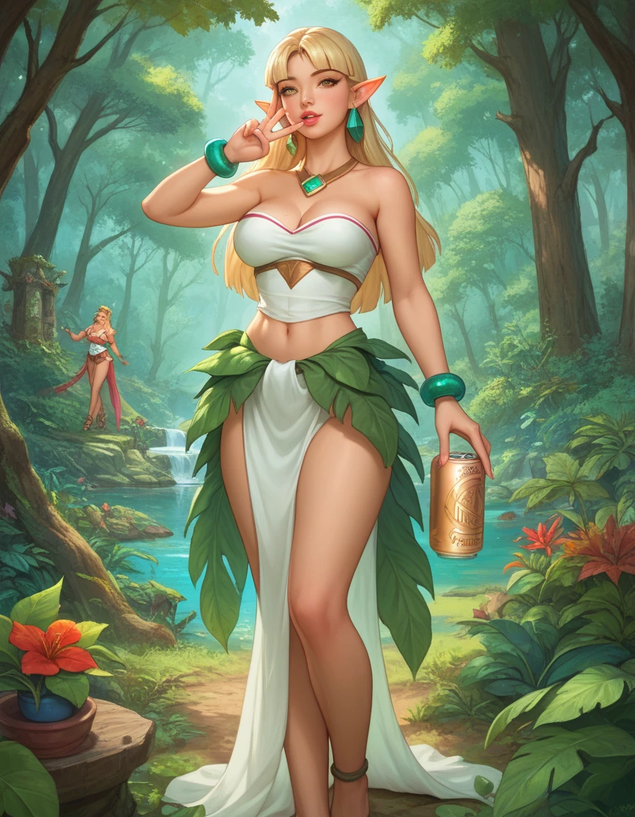 photo-realistic image of a beautiful elf woman with fair skin, "light blonde hair", and "striking blue-green eyes". She is wearing a delicate necklace with a white-transparent orchid pendant. "Her attire is a very thin, light, and completely transparent white silk ribbon", draped around her neck, crossing over her chest, and tied at the waist. The transparent white silk ribbon does not cover her sides, leaving her hips and thighs exposed. The ribbon only covers her breasts and crotch area, emphasizing its delicate, sheer, and revealing nature. Elaria stands among dense bushes in a forest glade, gathering ripe forest berries. Her hands carefully pick the berries and place them into a small basket hanging at her side. Around her neck is a decoration in the shape of a translucent white orchid. Colorful flowers are scattered around her, and the distant sound of a babbling stream can be heard. Sunbeams filter through the dense foliage, illuminating her light skin and creating an atmosphere of peace and harmony.