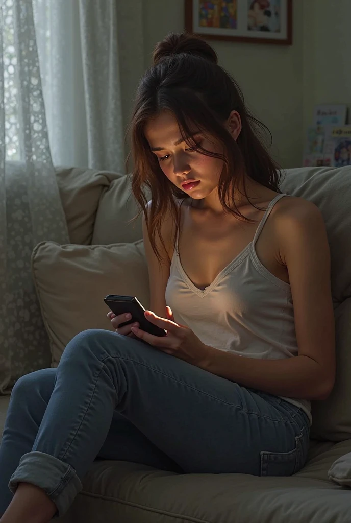 A tired young girl with disheveled long hair sits on a light gray sofa, her expression indicating exhaustion. She holds a smartphone in one hand while her other hand supports her head. She wears a loose-fitting gray t-shirt and has bare feet resting on the couch. The background is softly blurred, emphasizing her relaxed and weary demeanor. advertising big head, .