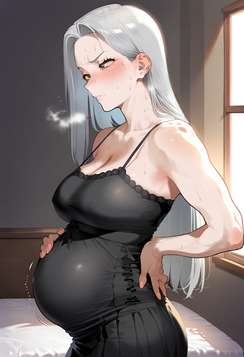 On the table, best quality, high resolution, hmkm1, Mole under the eye, earrings, a, turtleneck sweater, Fur trim, , sleeveless, Cowboy shooting, indoor,Super huge breasts,Pregnant