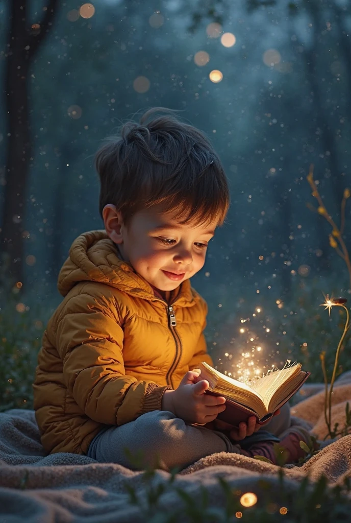 14 year old boy with a cheerful, curious with an open laugh and sit down with secret magical book in his hand and magical light coming out and look the magical book and the dark background with magical light and some fairys