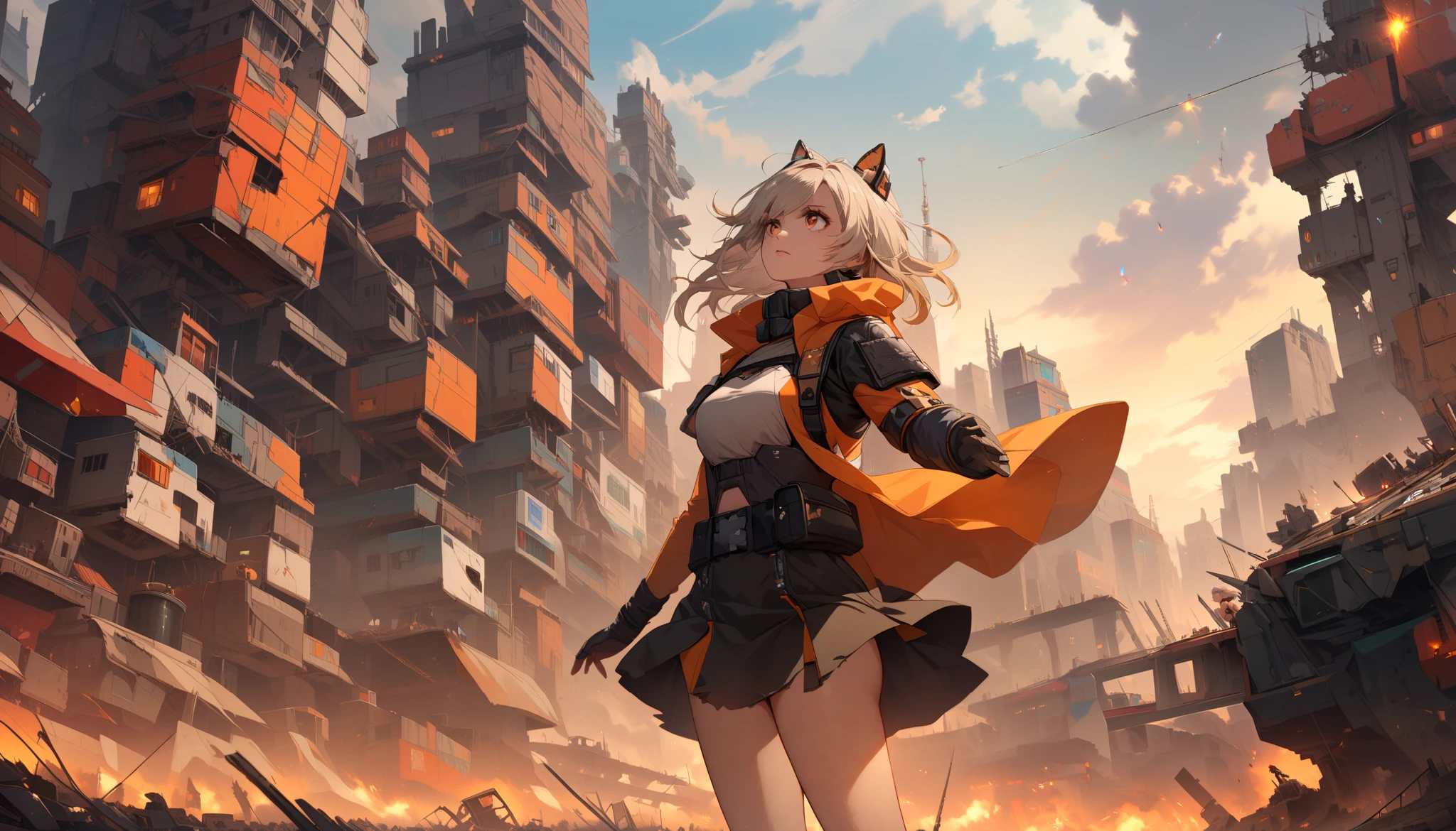 Girl, silver bob hair, brown eyes, looking up at the war-torn sky, mechanical city, leather and mechanical gimmick soldier uniform, skirt, destroyed ultra-modern mechanical city, wind