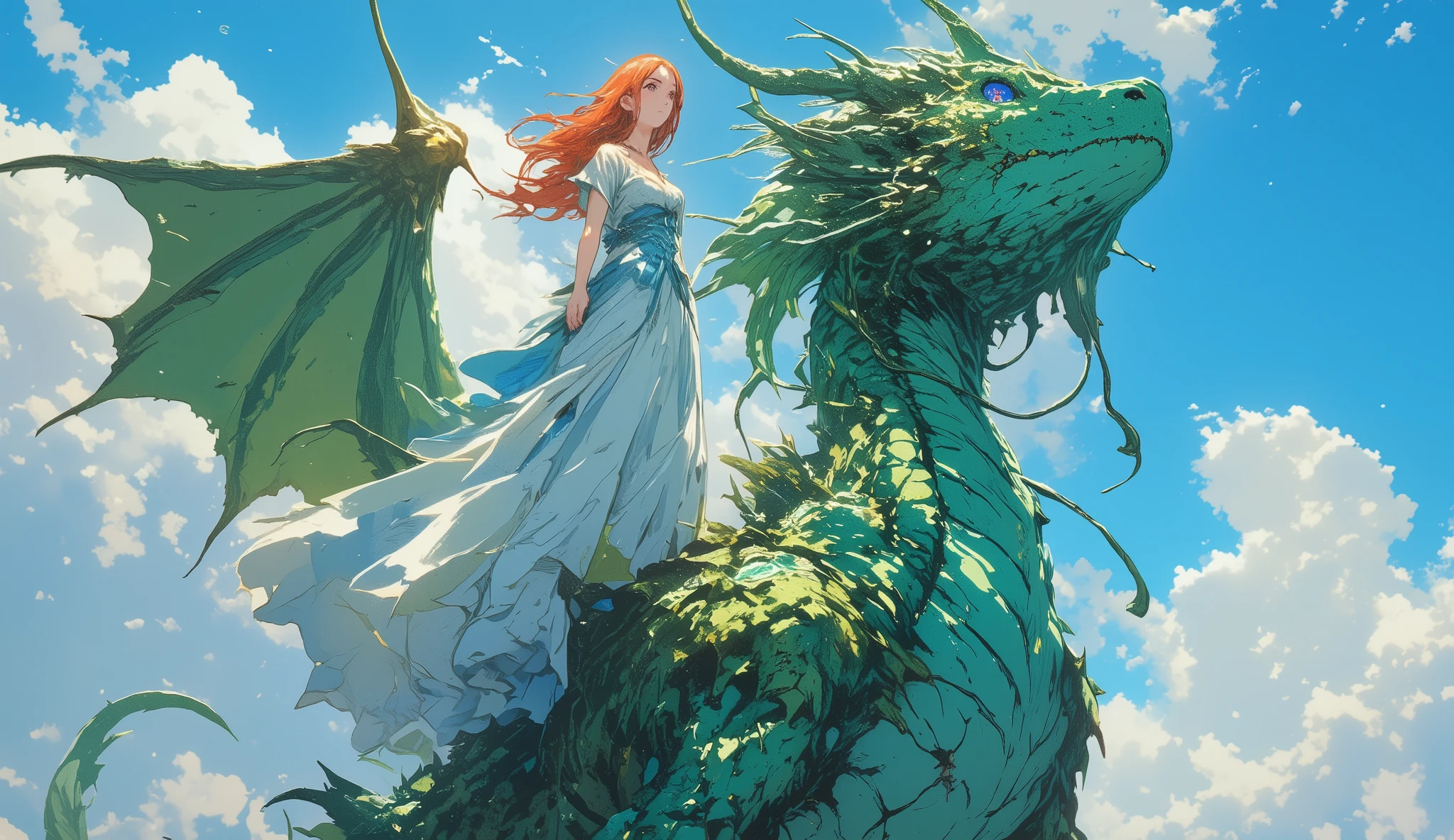 A majestic emerald-green dragon with rough, moss-covered scales stands tall against a bright blue sky filled with soft, fluffy clouds. Its wings are massive, partially unfolded, with a weathered yet powerful texture. A young woman with long, flowing red hair stands bravely on the dragon's back, her light blue and white dress billowing in the wind. The sunlight glows around them, creating a sense of awe and wonder. The dragon's gaze is calm yet commanding, while the woman appears fearless, gazing confidently into the horizon. The scene is painted in a dreamy, semi-realistic fantasy style with intricate textures and vibrant colors