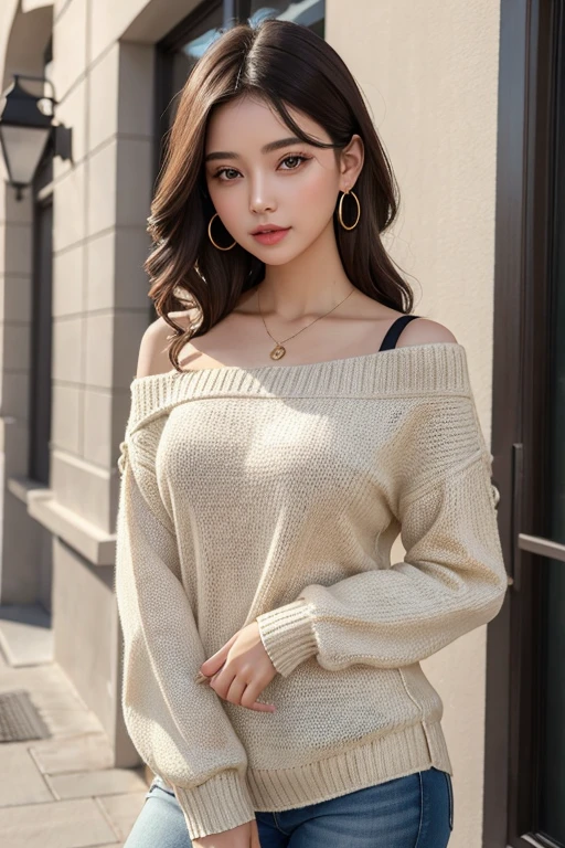 ((best qualityer)), ((work of art)), (detailded), 1 girl, shoulder to shoulder sweater,