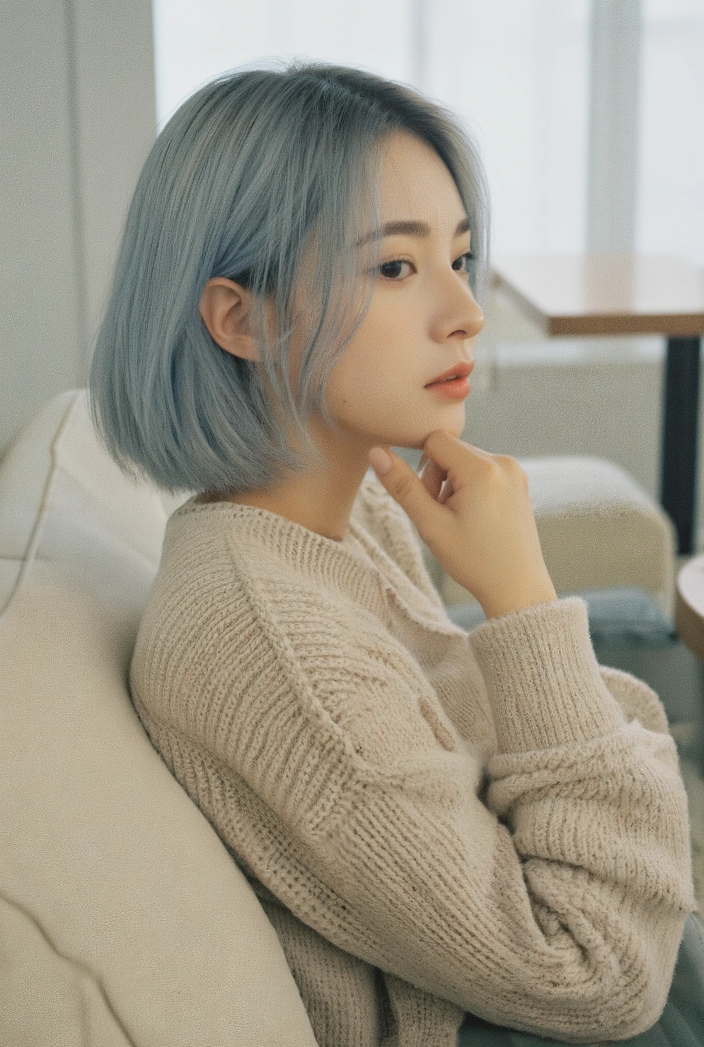 masterpiece, best quality,1 girl, sitting on the sofa, pale blue bob hair, from side, wearing knit wear, modern cafe
