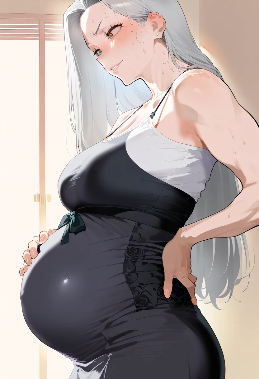 Ridiculous resolution, high resolution, (masterpiece:1.4), Extremely detailed, 1 Girl,blue eyes, Long blond hair,White skirt, White handbags、Pantyhose、City Streets,Sexy pose, The camera is close to your body, big pregnant belly, pregnant 40 weeks
